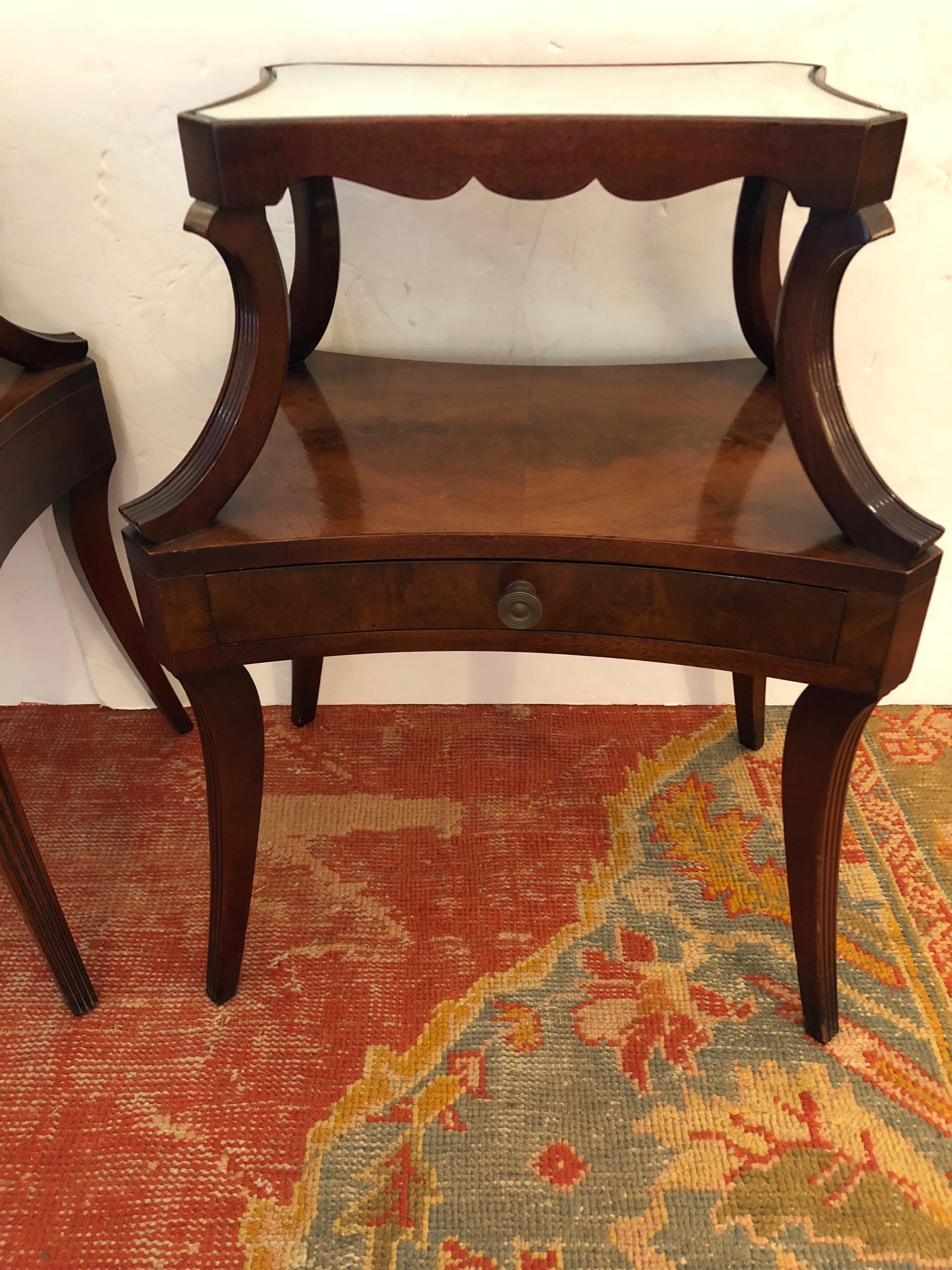 American Pair of Fine Grosfeld House Crotch Mahogany Two-Tier Nightstands End Side Tables