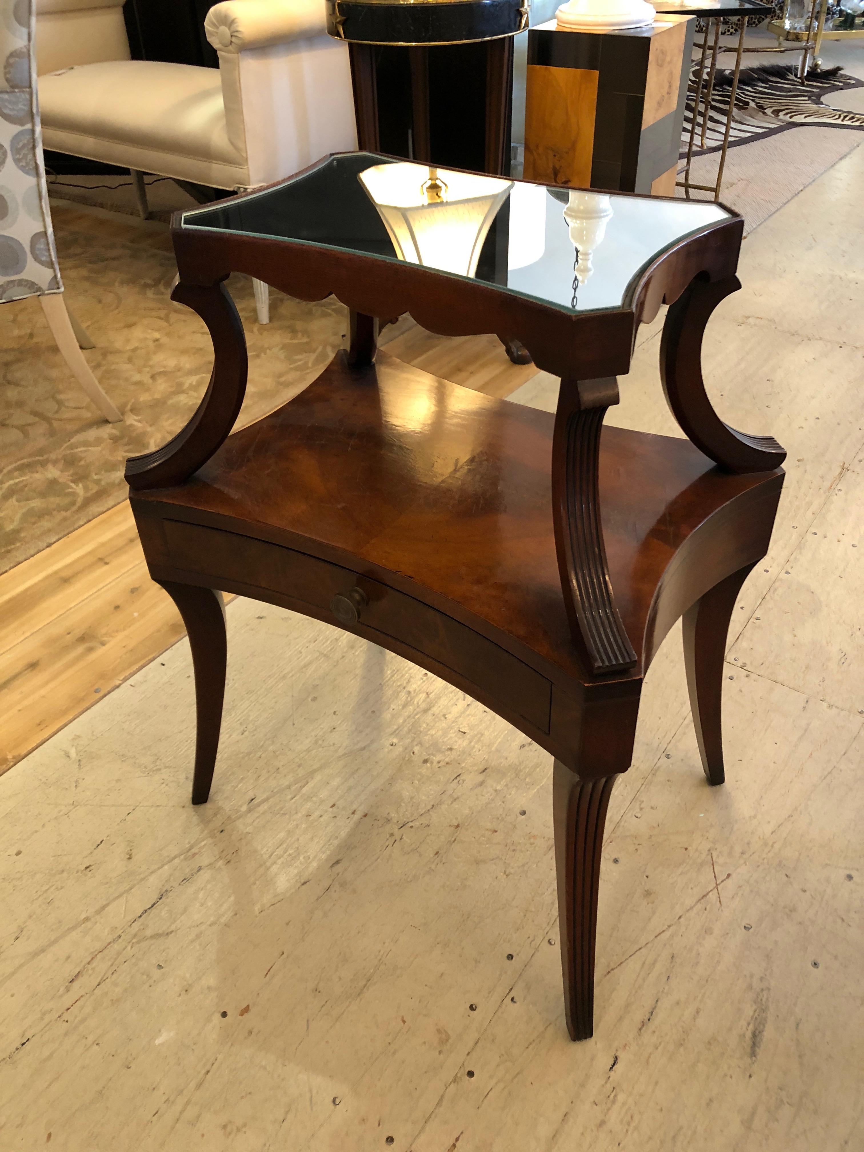 Mid-20th Century Pair of Fine Grosfeld House Crotch Mahogany Two-Tier Nightstands End Side Tables