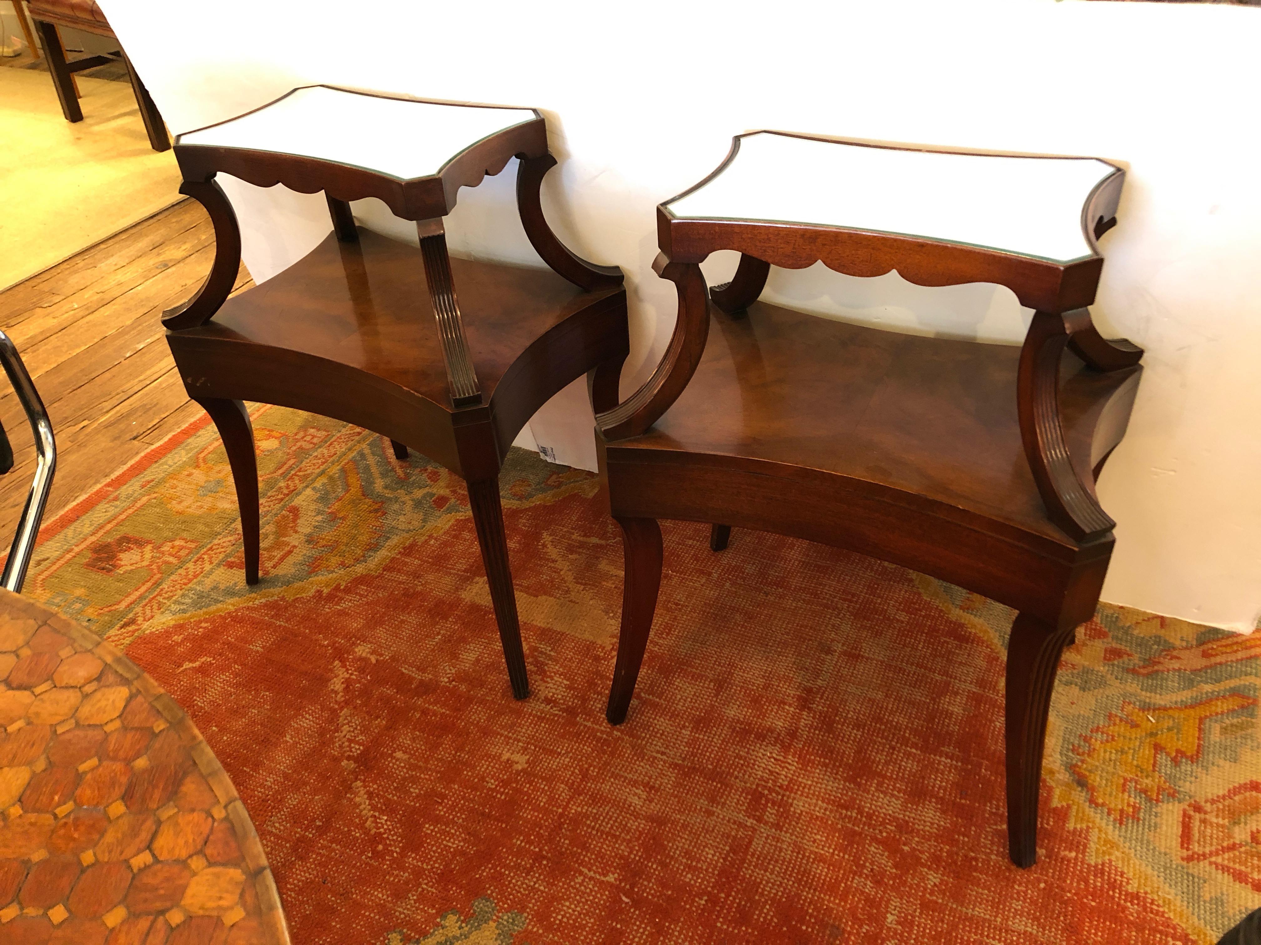 Pair of Fine Grosfeld House Crotch Mahogany Two-Tier Nightstands End Side Tables 4