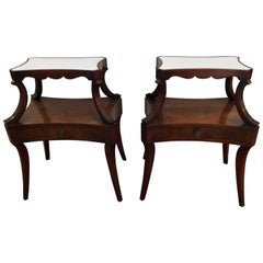 Pair of Fine Grosfeld House Crotch Mahogany Two-Tier Nightstands End Side Tables
