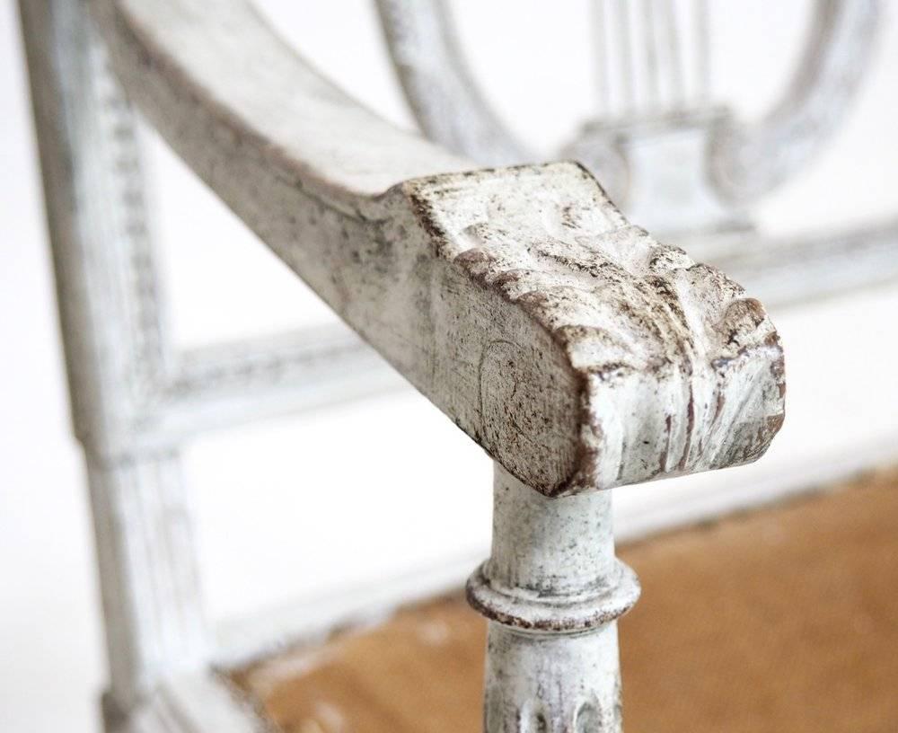 Pair of Fine Gustavian Style Armchairs with Lyre Back In Distressed Condition In Aalsgaarde, DK