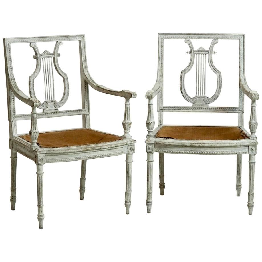 Pair of Fine Gustavian Style Armchairs with Lyre Back