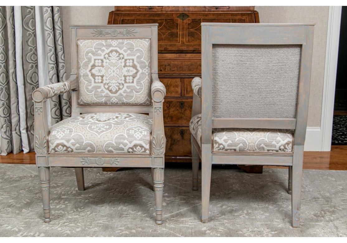 Wood Pair of Fine Gustavian Style Paint Decorated Arm Chairs For Sale