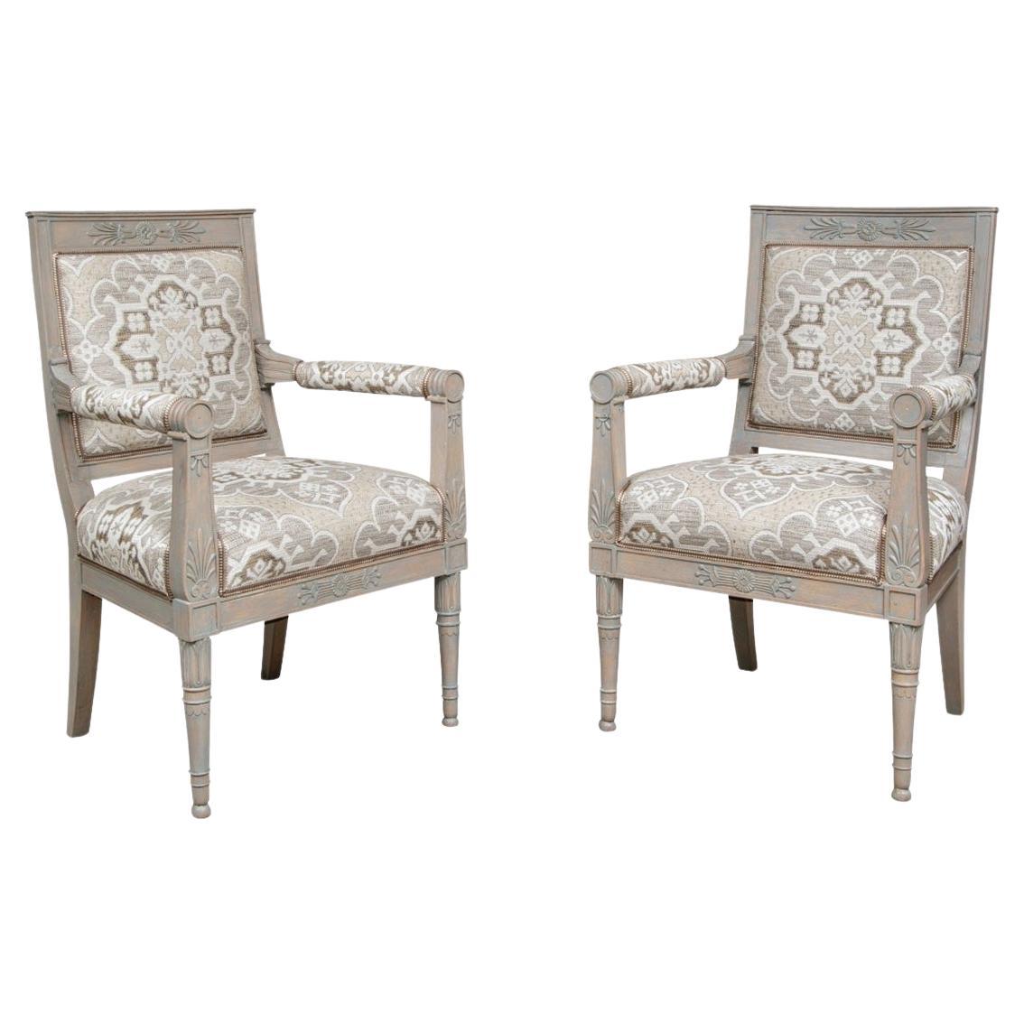 Pair of Fine Gustavian Style Paint Decorated Arm Chairs For Sale