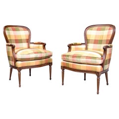 Pair Of Fine Hickory Chair Silk Upholstered Bergere Armchairs