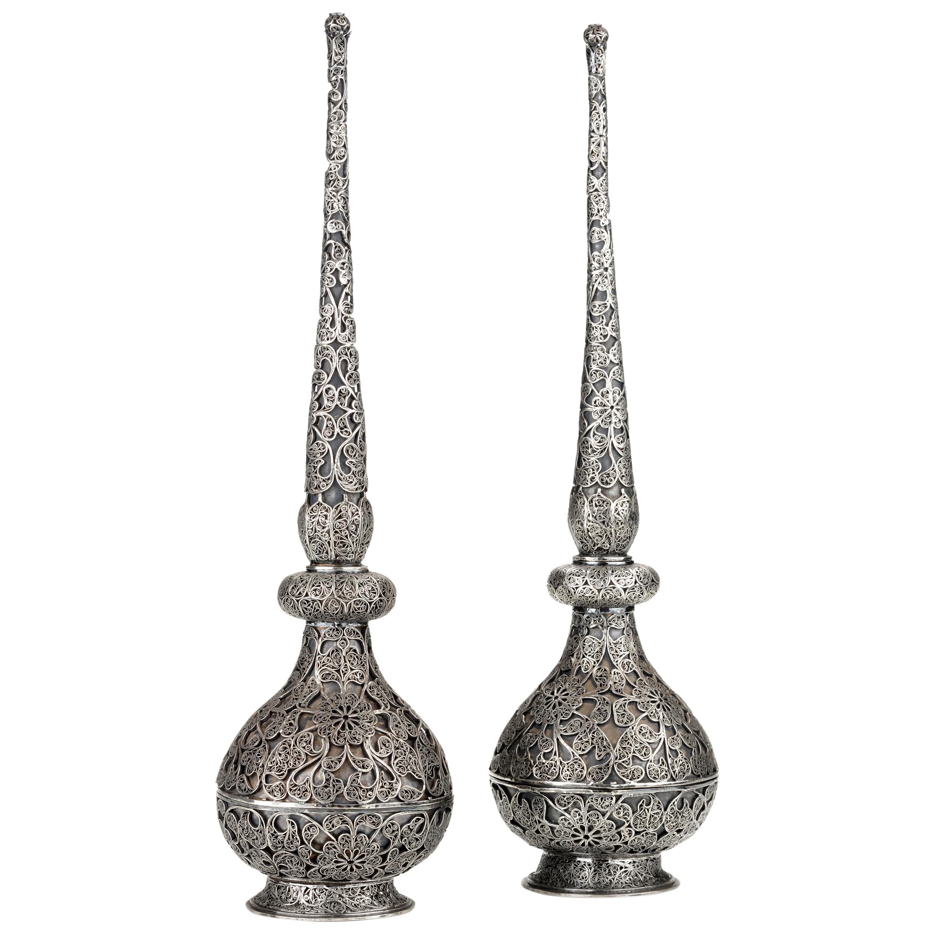 Pair of Fine Islamic Silver Filigree Rosewater Sprinklers, Early 18th Century