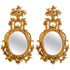 Pair of Fine Italian Gilt Wall or Console Beveled Mirrors with Two-Arm Sconces
