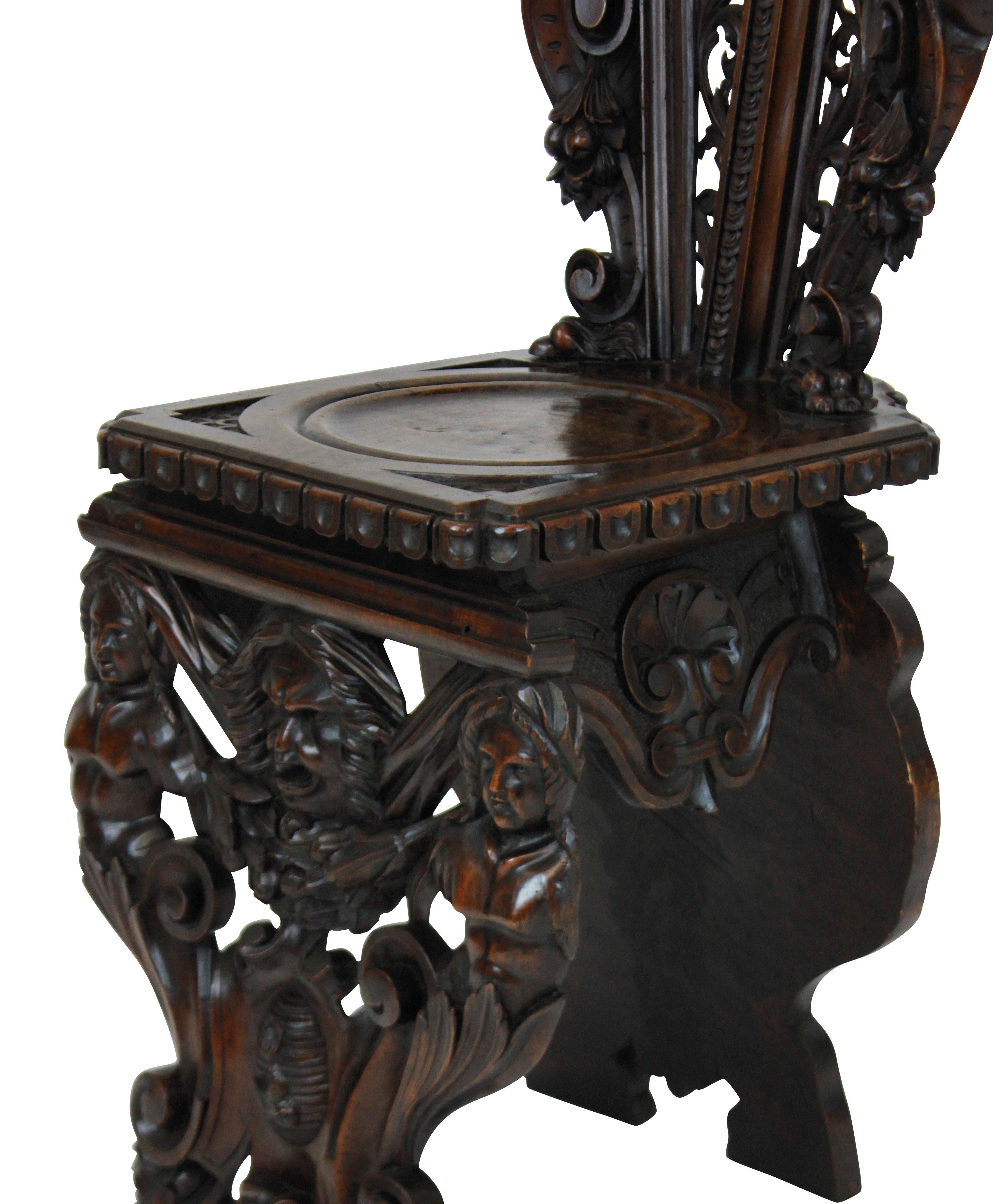 Mid-19th Century Pair of Fine Italian Renaissance Walnut Hall Chairs