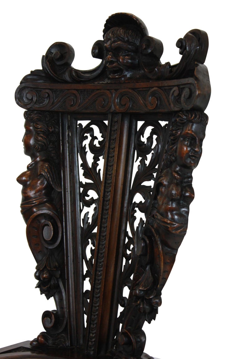 Pair of Fine Italian Renaissance Walnut Hall Chairs For Sale at 1stDibs