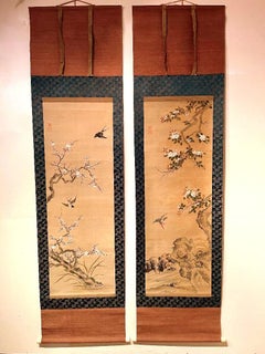 Pair of Fine Japanese Scroll Paintings with Birds and Flowers