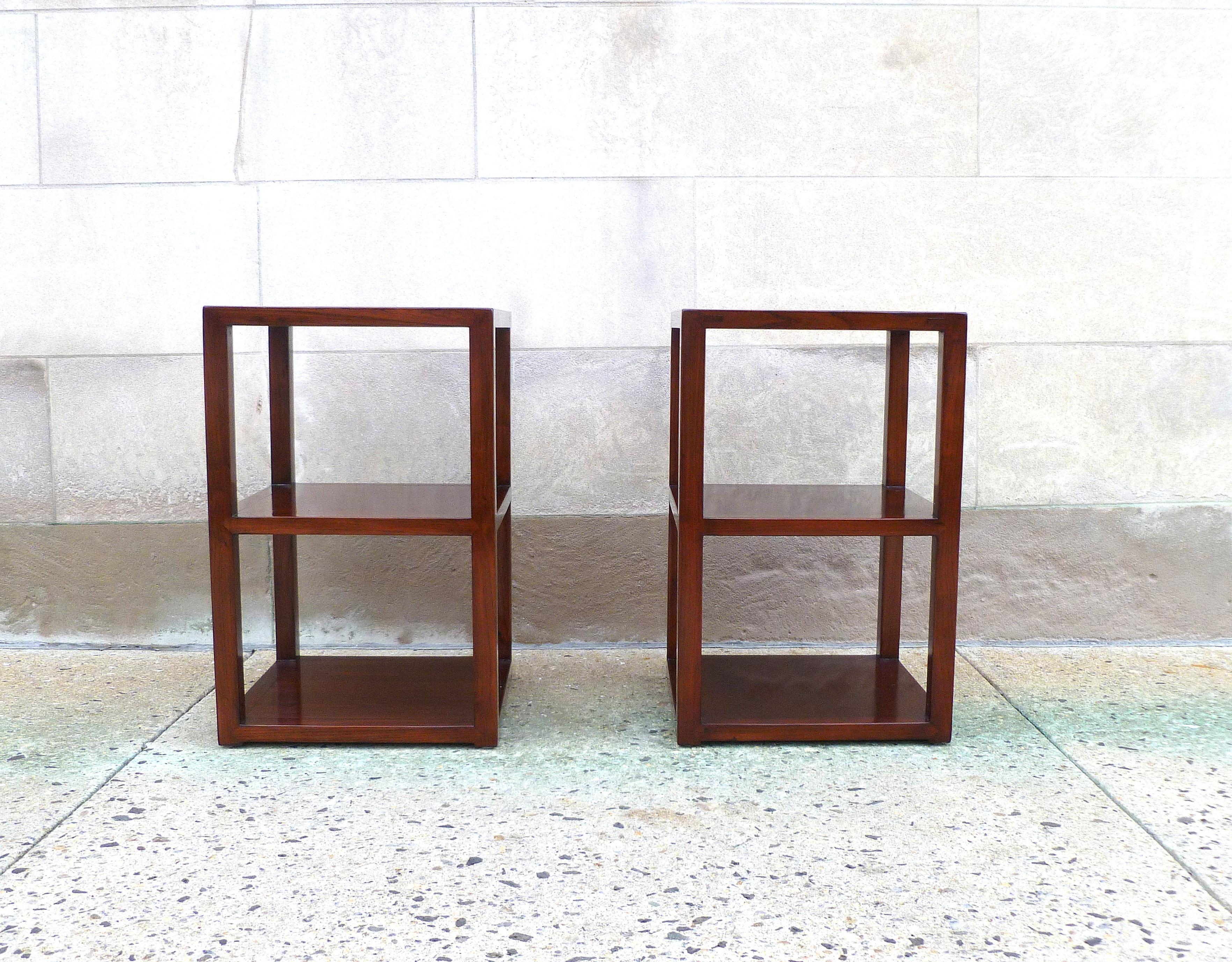Fine pair of Jumu end tables with shelves. Very elegant and fine jumu end tables, beautiful form and color. We carry fine quality furniture with elegant finished and has been appeared many times in 
