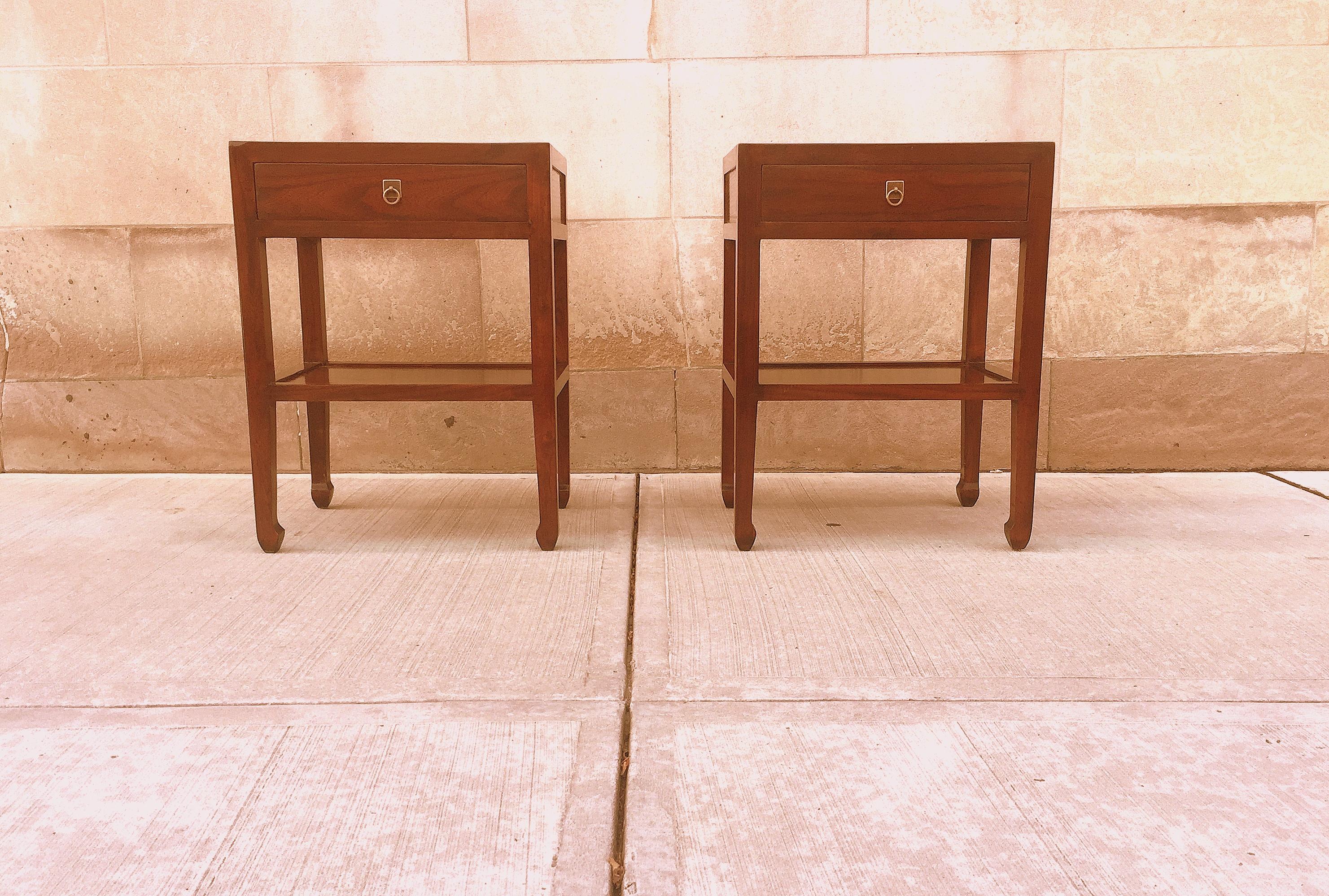 Pair of fine Jumu end tables, with drawers and shelf. Very elegant and fine quality and beautiful color. We carry fine quality furniture with elegant finished and has been appeared many times in 