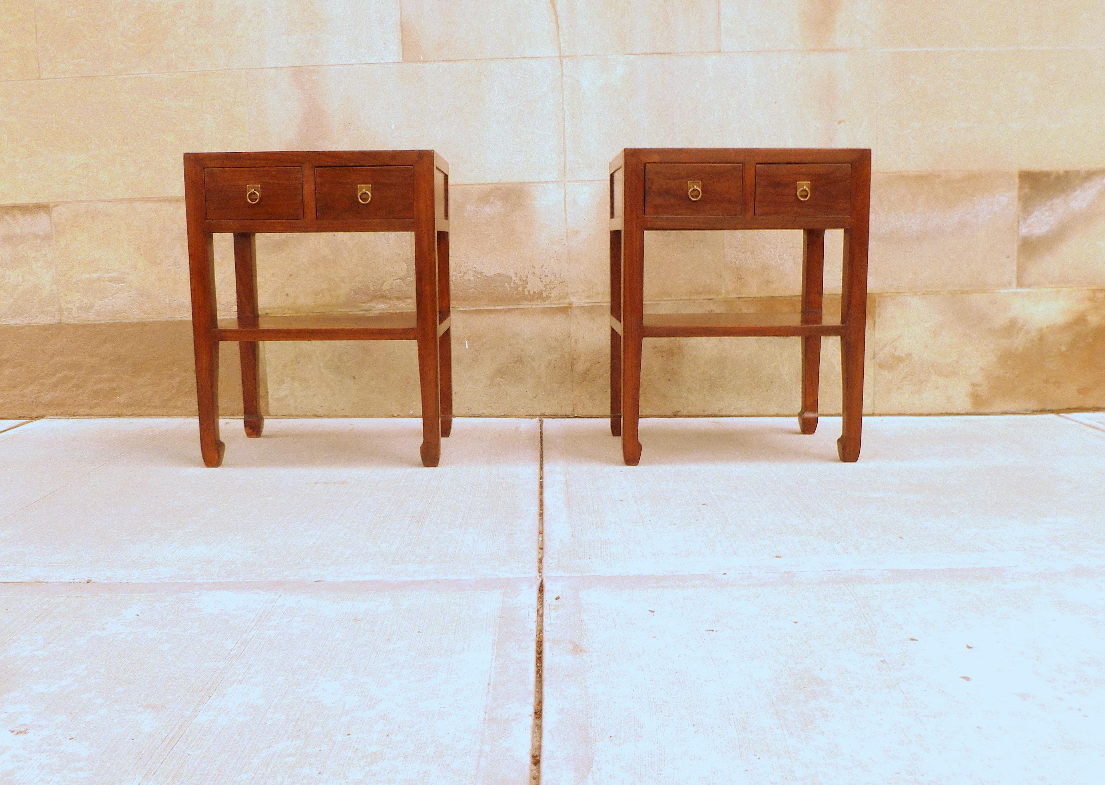 Pair of fine Jumu end tables, with drawers and shelf. Very elegant and fine quality and beautiful color. We carry fine quality furniture with elegant finished and has been appeared many times in 