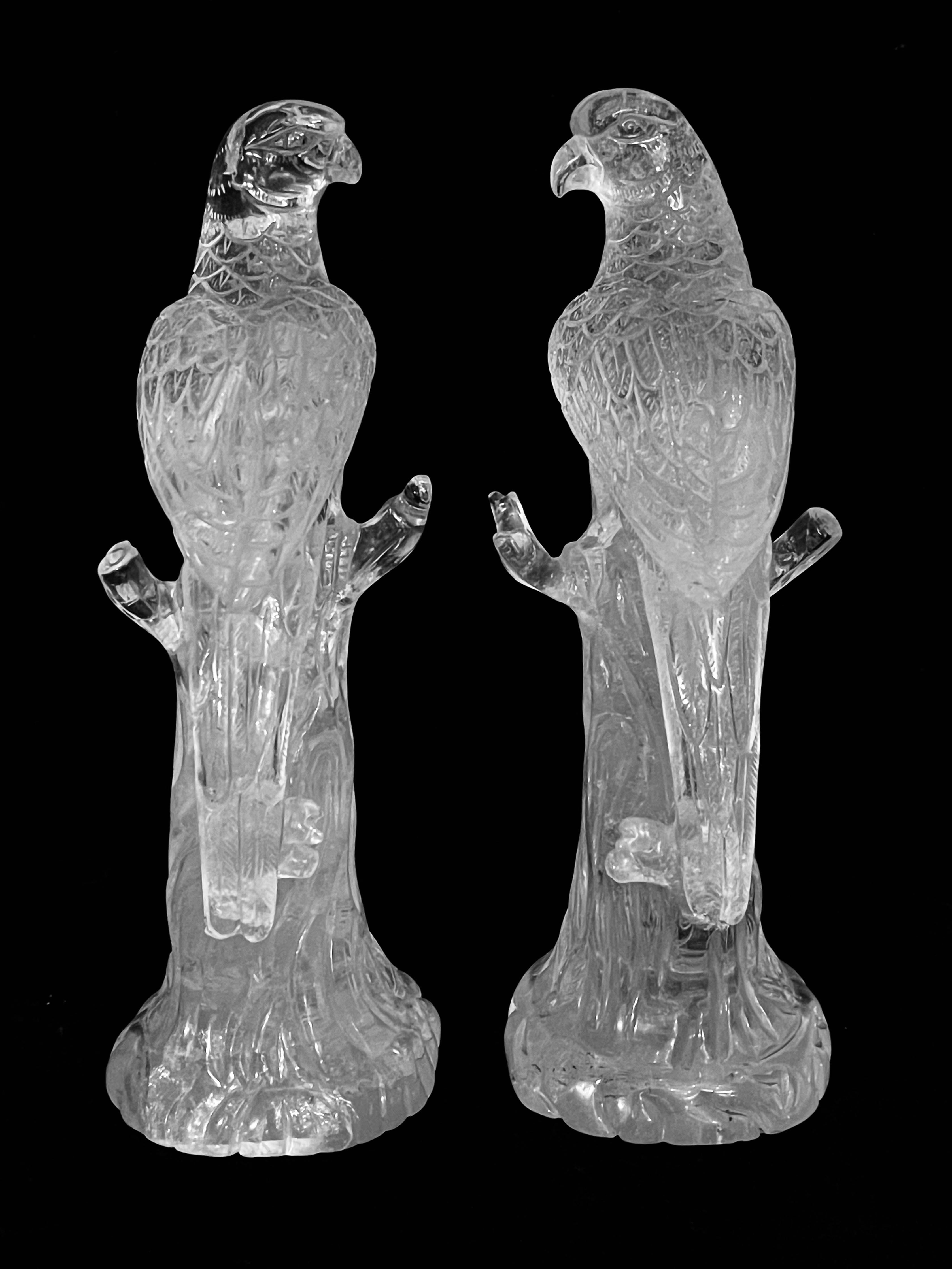 Hand-Carved Pair of Fine Large Carved Rock Crystal parrots For Sale