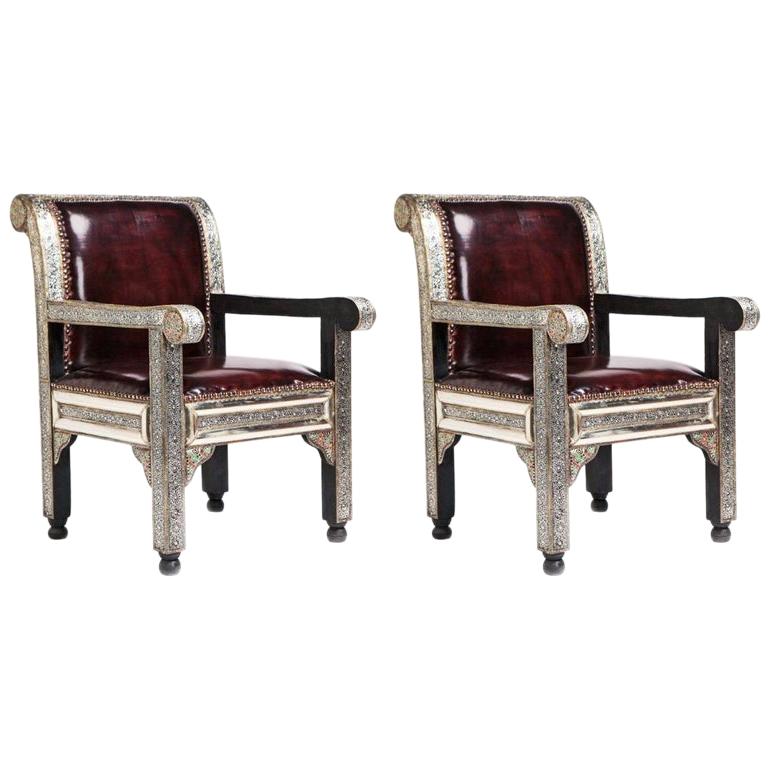 Fine Leather Hollywood Regency Style Armchairs / Bergere Chair, a Pair 