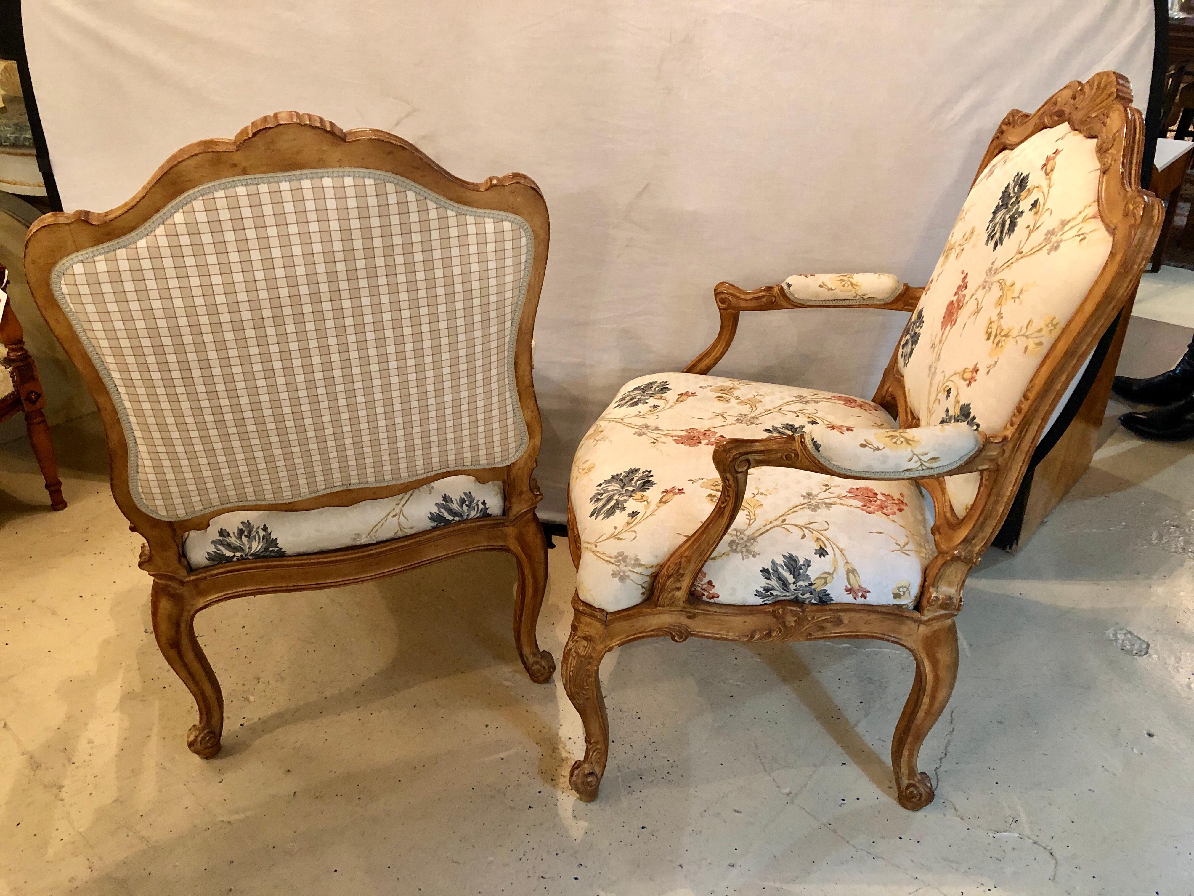 Pair of Fine Louis XV Style Armchairs in Fine Upholstery Custom Frames In Good Condition For Sale In Stamford, CT