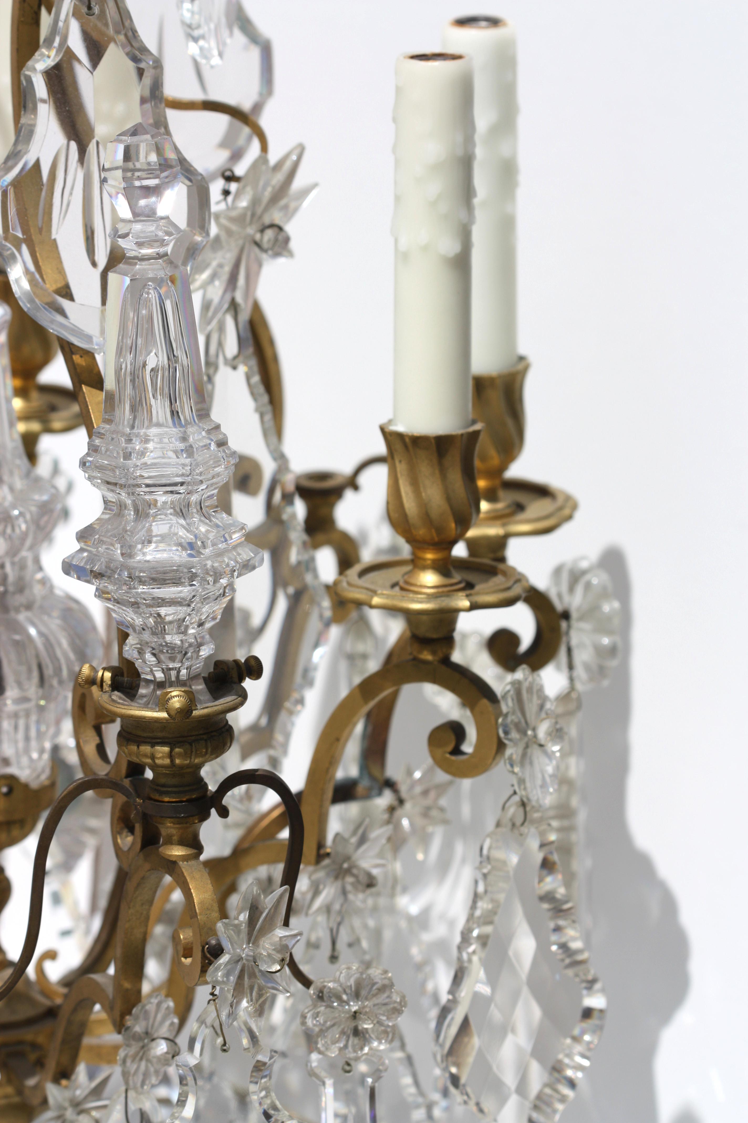 
Pair of Fine Louis XV Style Gilt Bronze and Cut-Glass Eight-Light Girondoles
Early 20th Century. The cage-form corona with scrolled arms supporting spiral-cast nozzles, fitted with two central glass spires and hung all over with cut glass prisms