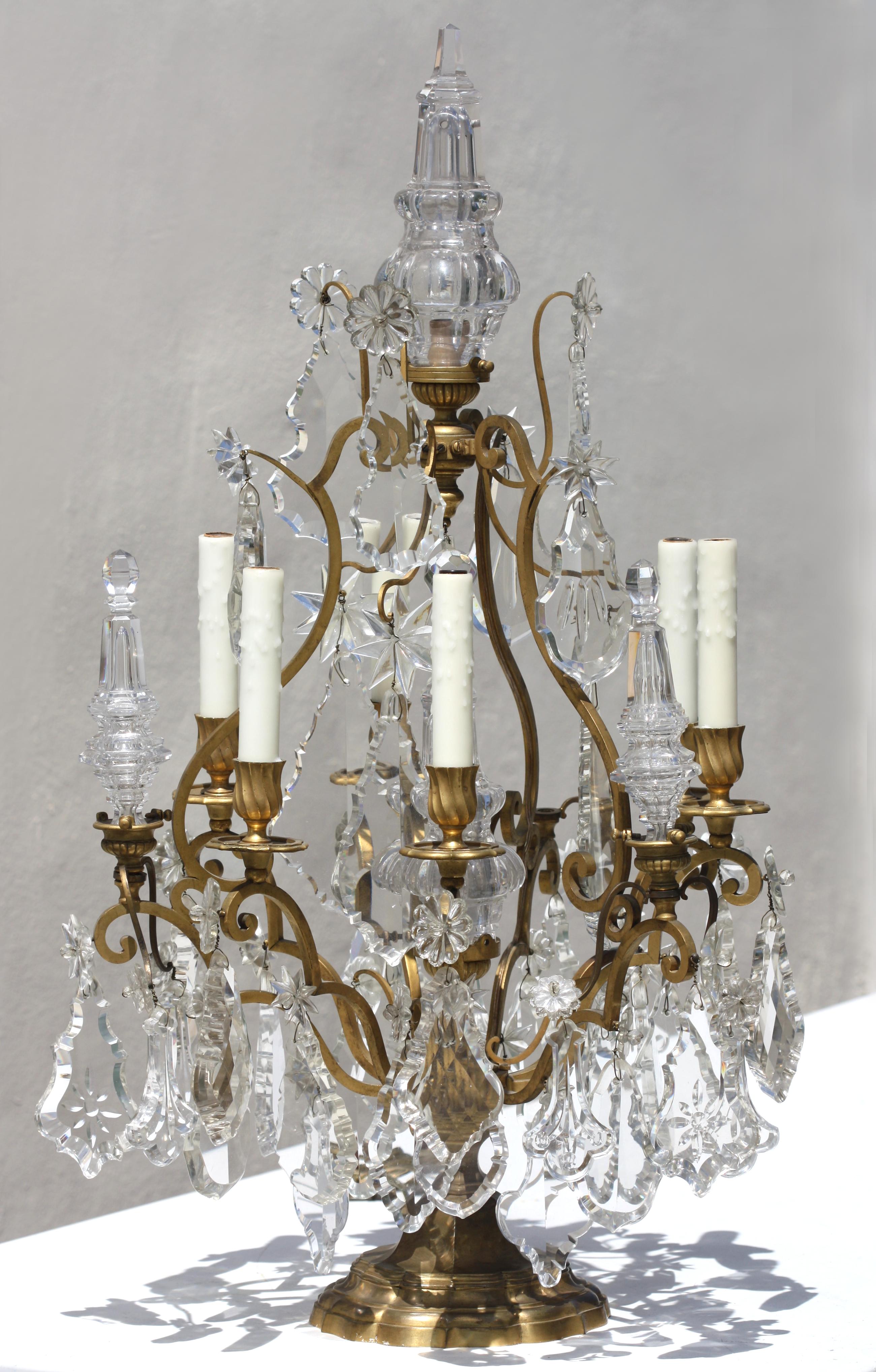 20th Century Pair of Fine Louis XV Style Gilt Bronze and Cut-Glass Eight-Light Girondoles For Sale