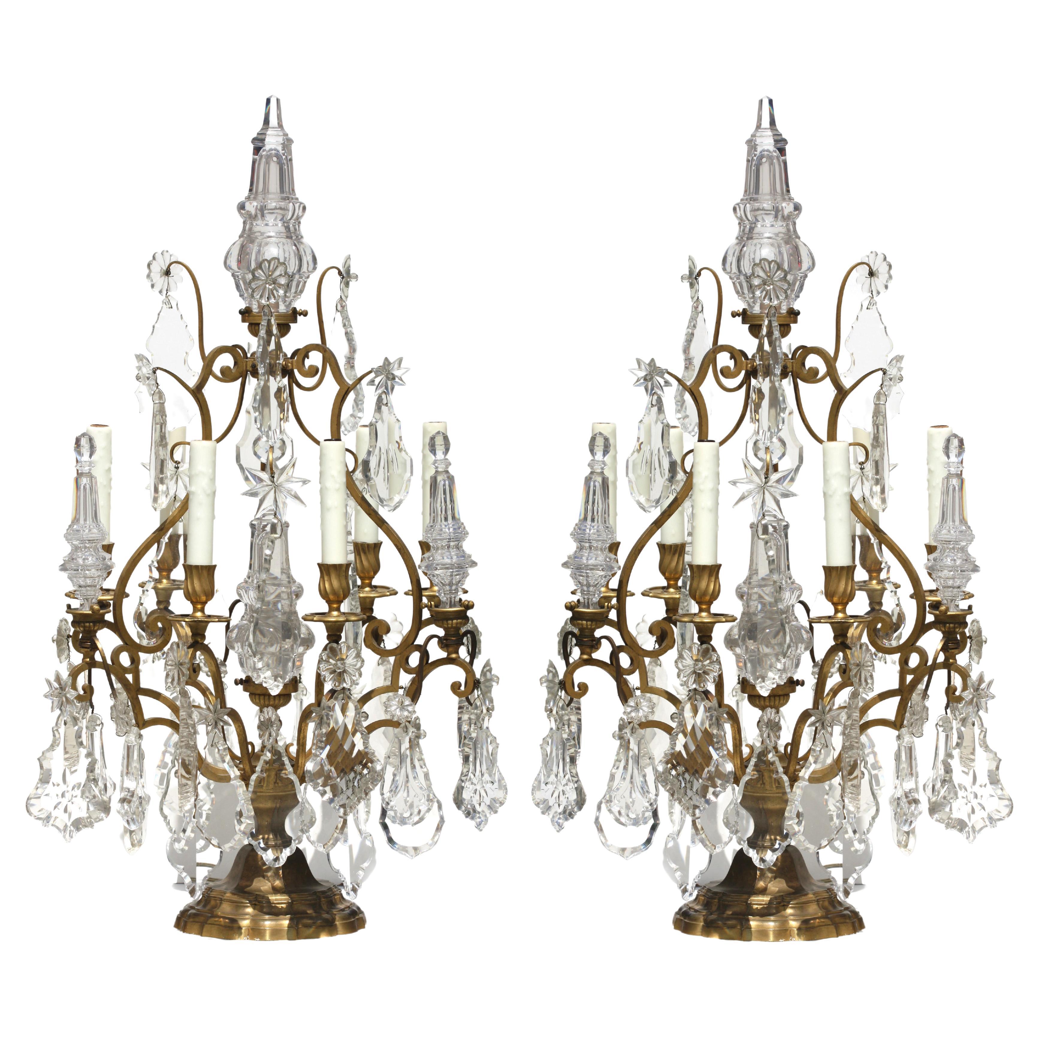 Pair of Fine Louis XV Style Gilt Bronze and Cut-Glass Eight-Light Girondoles For Sale