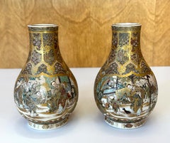 Pair of Fine Miniature Satsuma Vase with Moriage Enamel Decoration by Seikozan