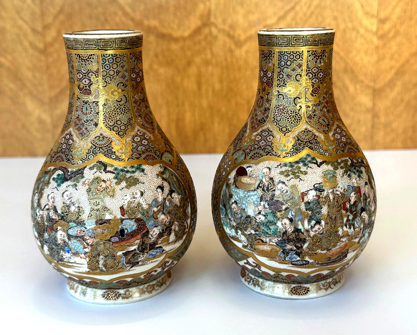 Meiji Pair of Fine Miniature Satsuma Vase with Moriage Enamel Decoration by Seikozan For Sale