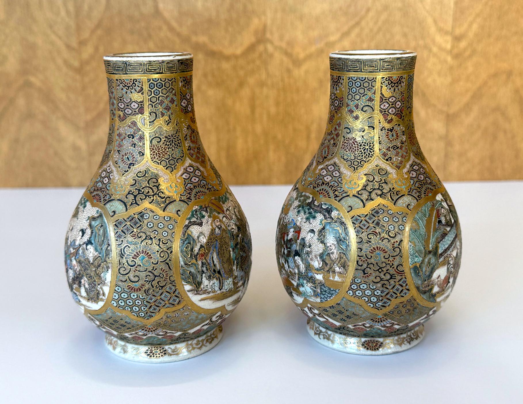 Japanese Pair of Fine Miniature Satsuma Vase with Moriage Enamel Decoration by Seikozan For Sale