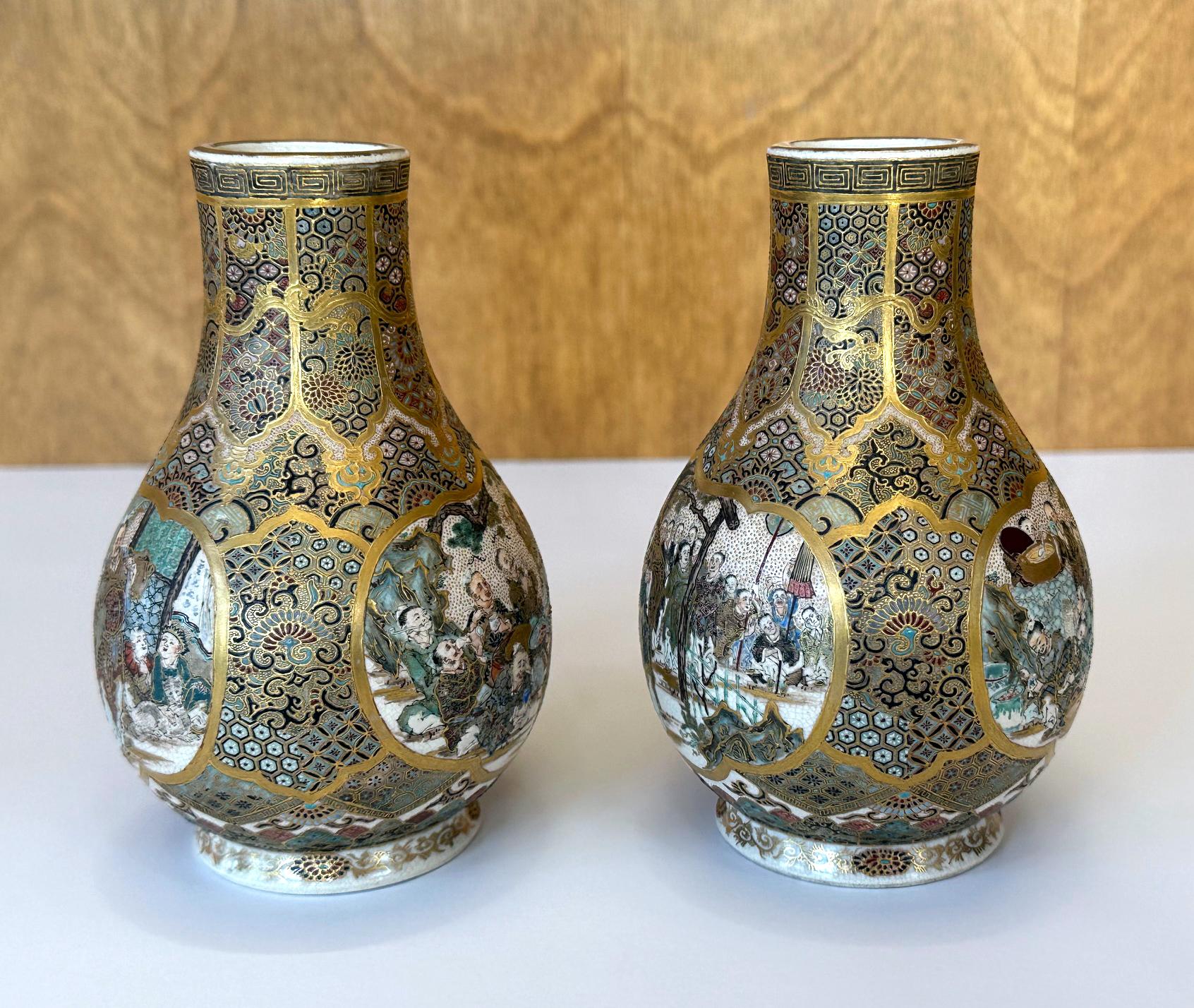 Enameled Pair of Fine Miniature Satsuma Vase with Moriage Enamel Decoration by Seikozan For Sale