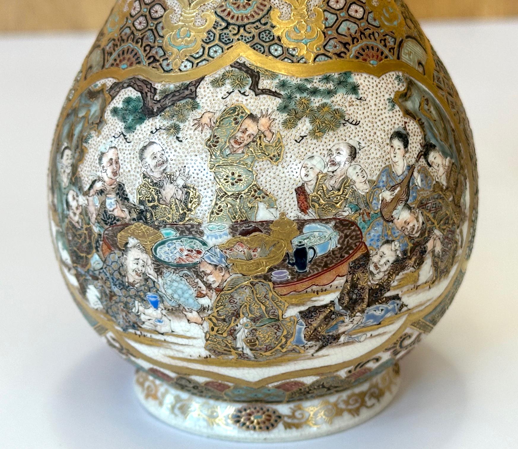 Late 19th Century Pair of Fine Miniature Satsuma Vase with Moriage Enamel Decoration by Seikozan For Sale