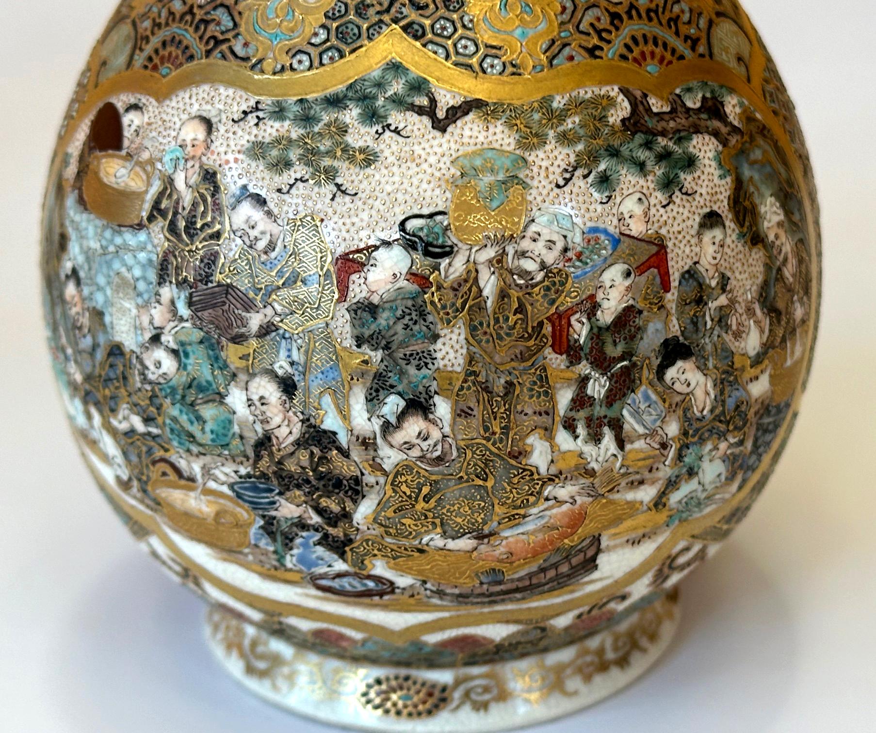 Ceramic Pair of Fine Miniature Satsuma Vase with Moriage Enamel Decoration by Seikozan For Sale