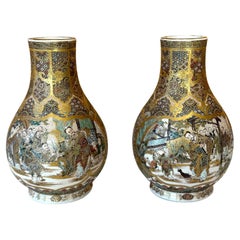 Antique Pair of Fine Miniature Satsuma Vase with Moriage Enamel Decoration by Seikozan