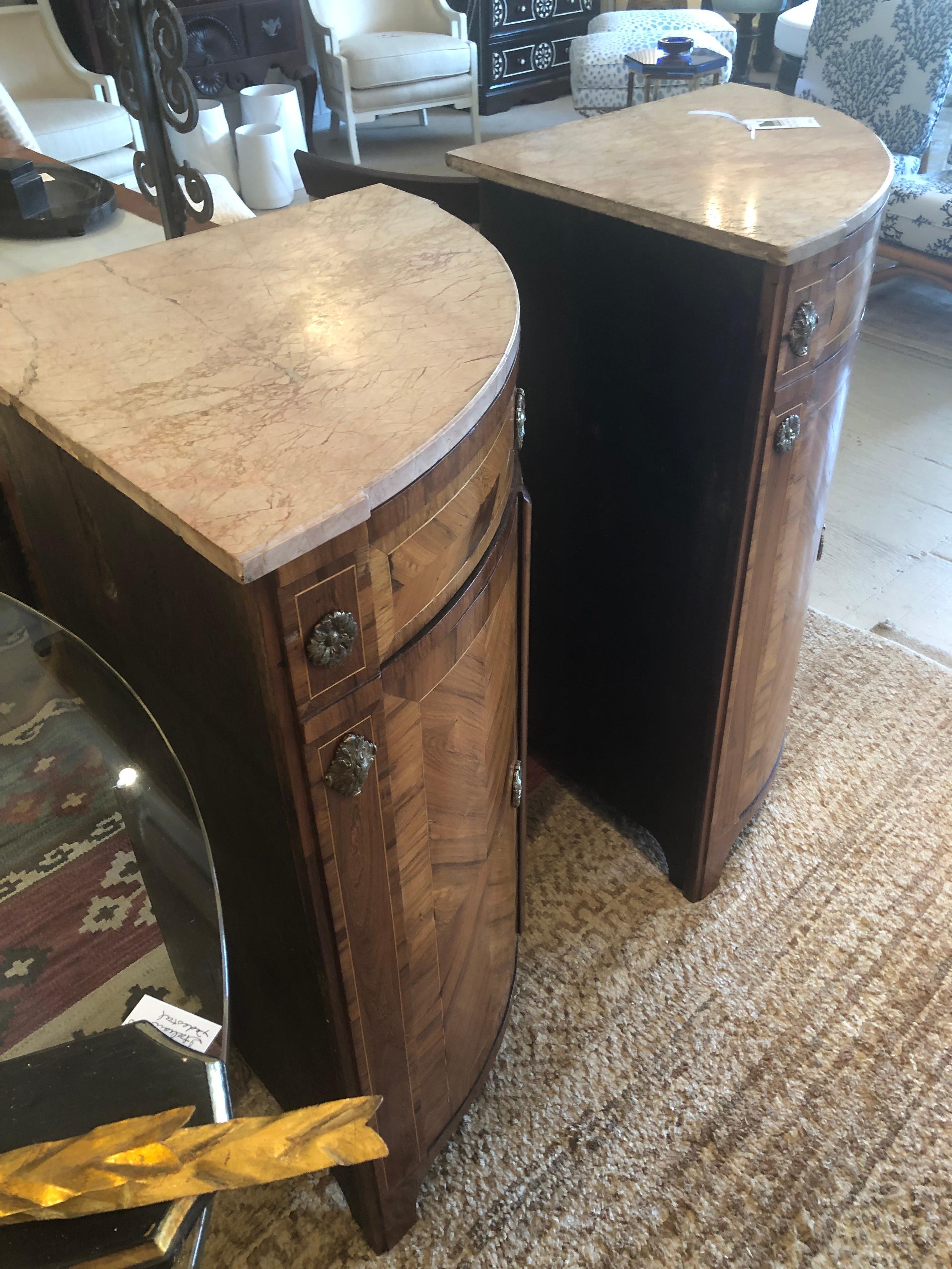 Pair of Fine Mixed Wood Inlay Corner Cabinets with Caramel Marble Tops 4