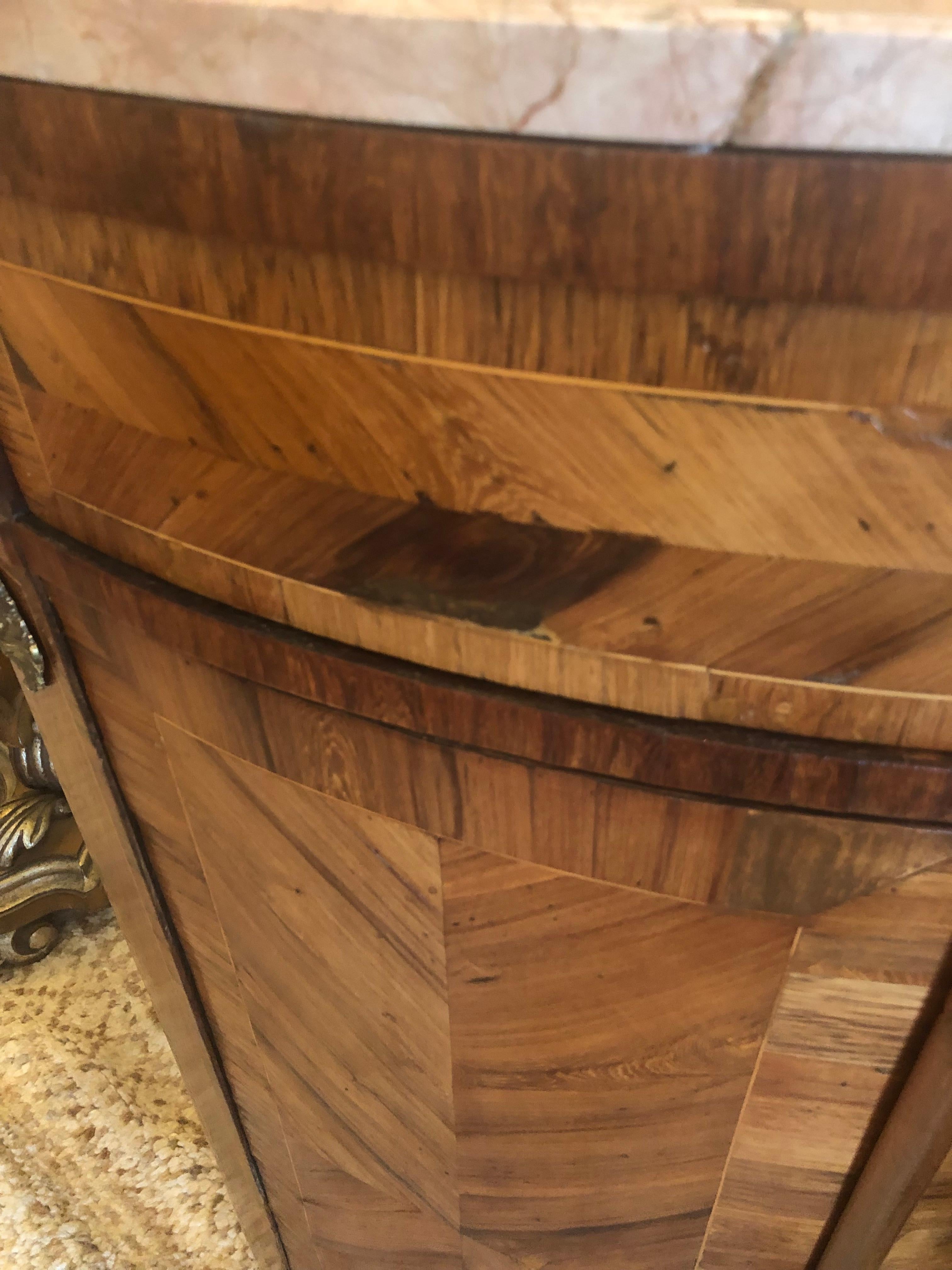 Pair of Fine Mixed Wood Inlay Corner Cabinets with Caramel Marble Tops 6