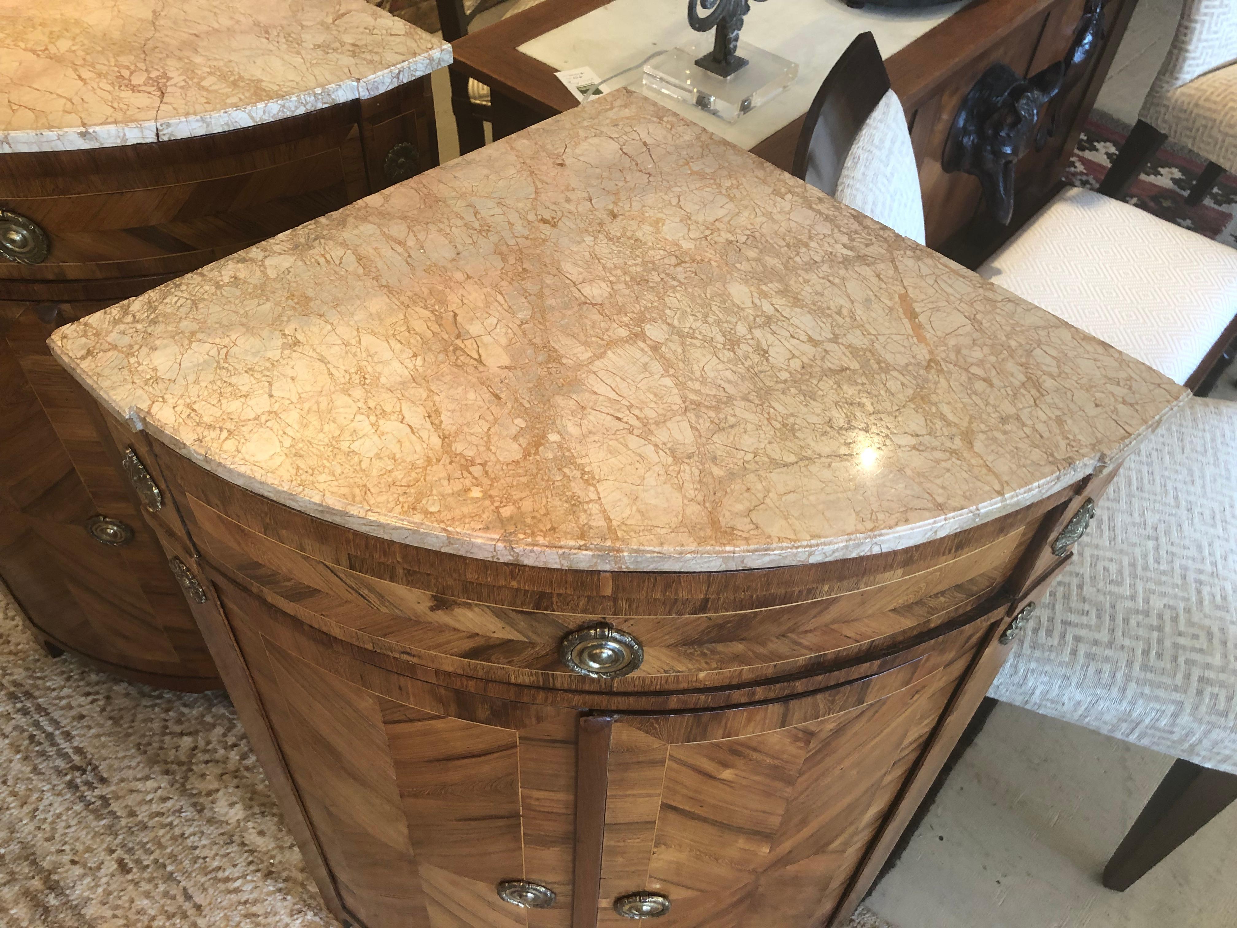 Pair of Fine Mixed Wood Inlay Corner Cabinets with Caramel Marble Tops 8