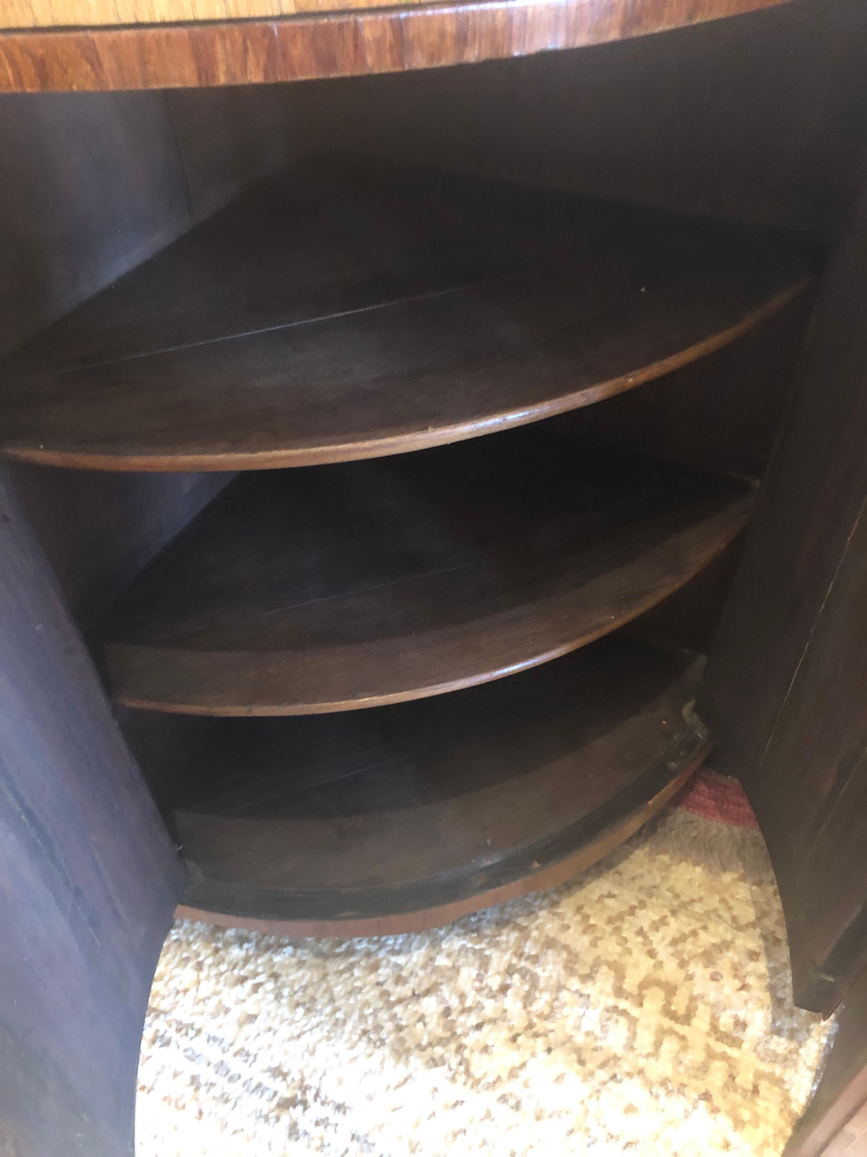 Pair of Fine Mixed Wood Inlay Corner Cabinets with Caramel Marble Tops 9
