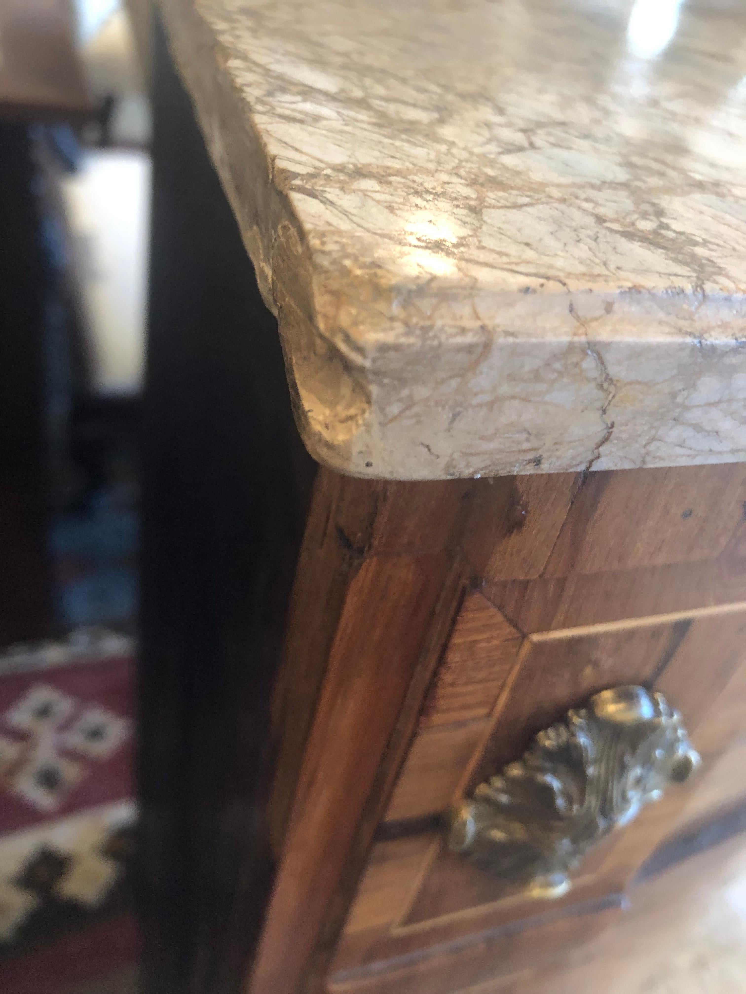 Pair of Fine Mixed Wood Inlay Corner Cabinets with Caramel Marble Tops 10