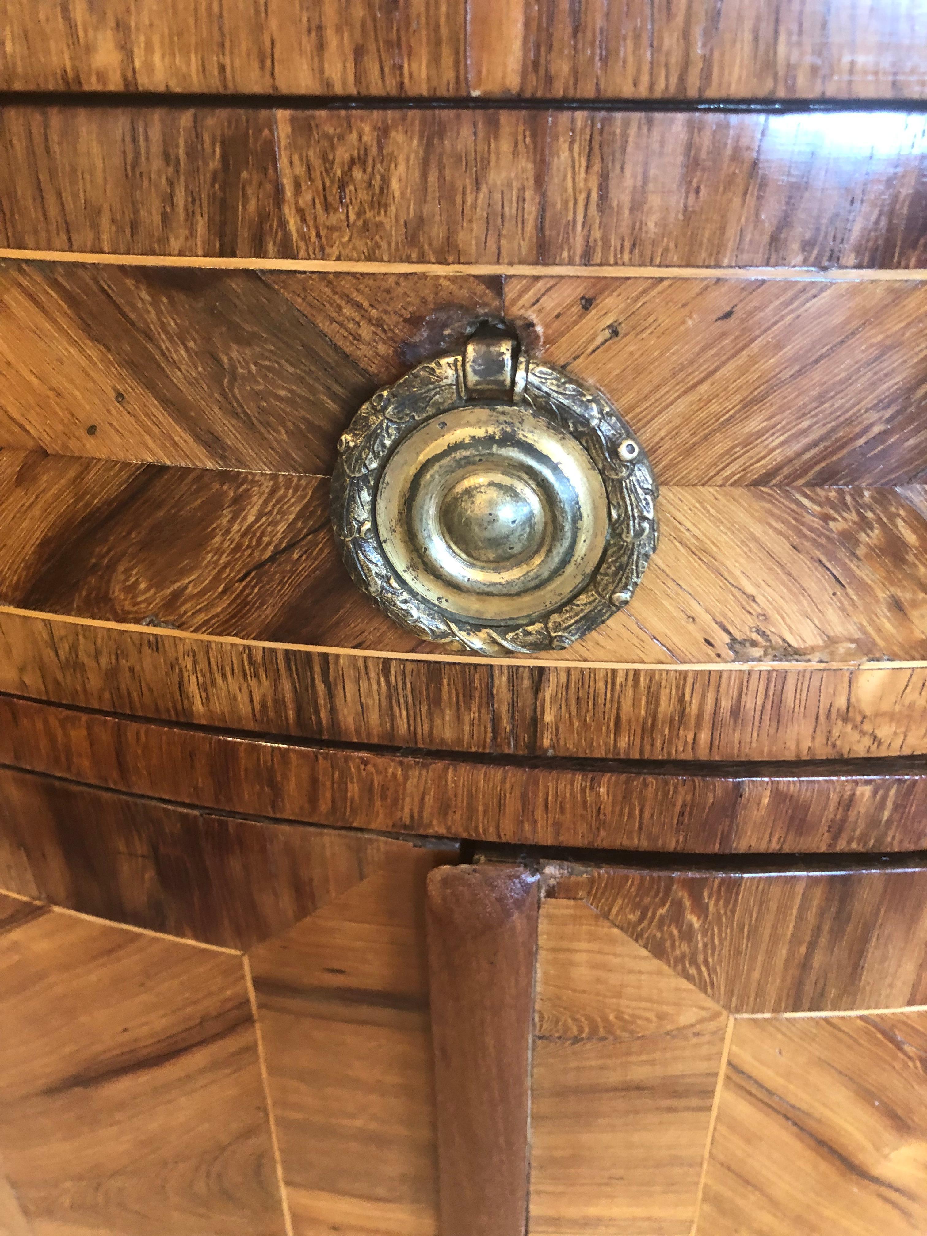 Louis XV Pair of Fine Mixed Wood Inlay Corner Cabinets with Caramel Marble Tops
