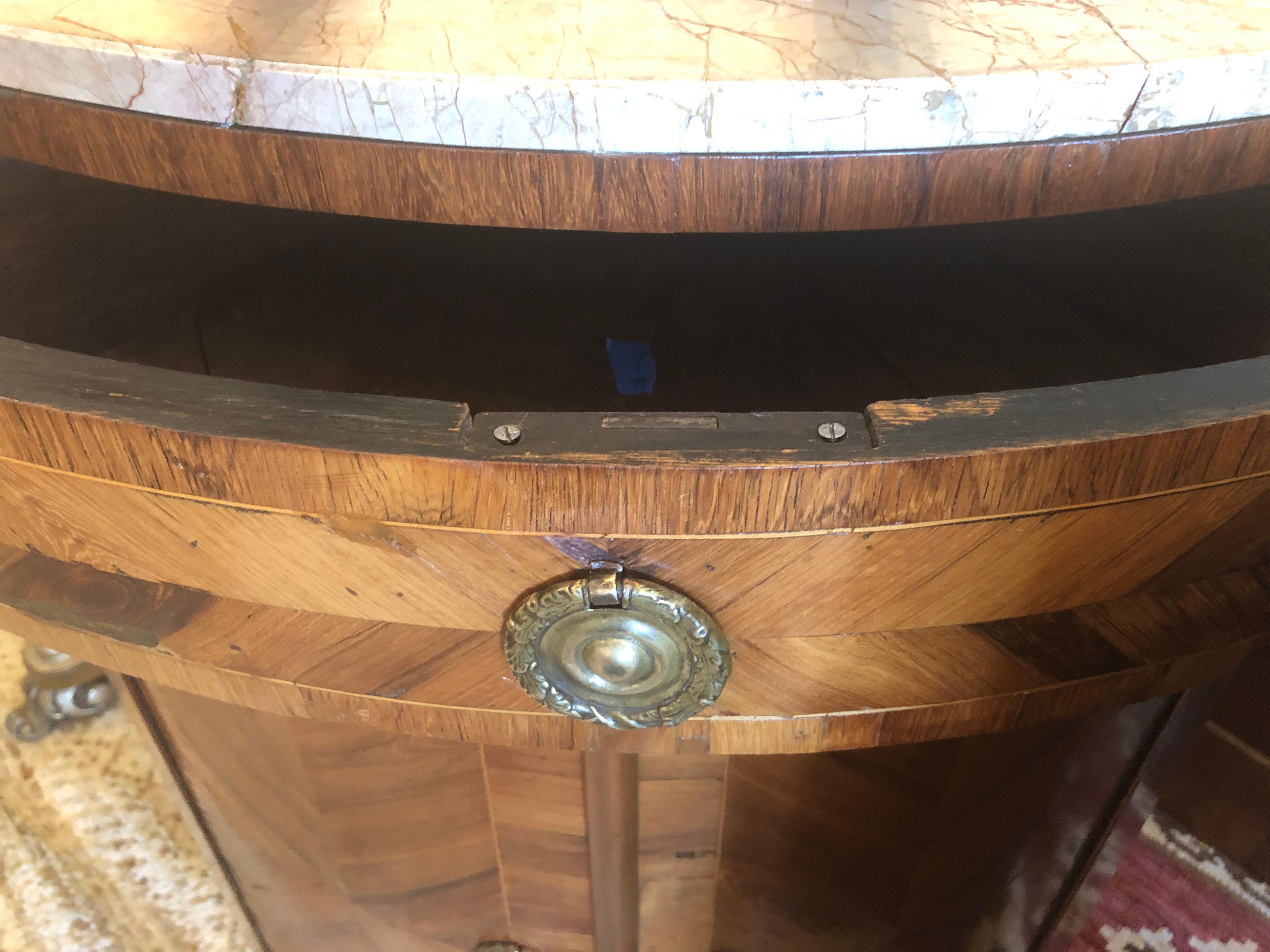Italian Pair of Fine Mixed Wood Inlay Corner Cabinets with Caramel Marble Tops