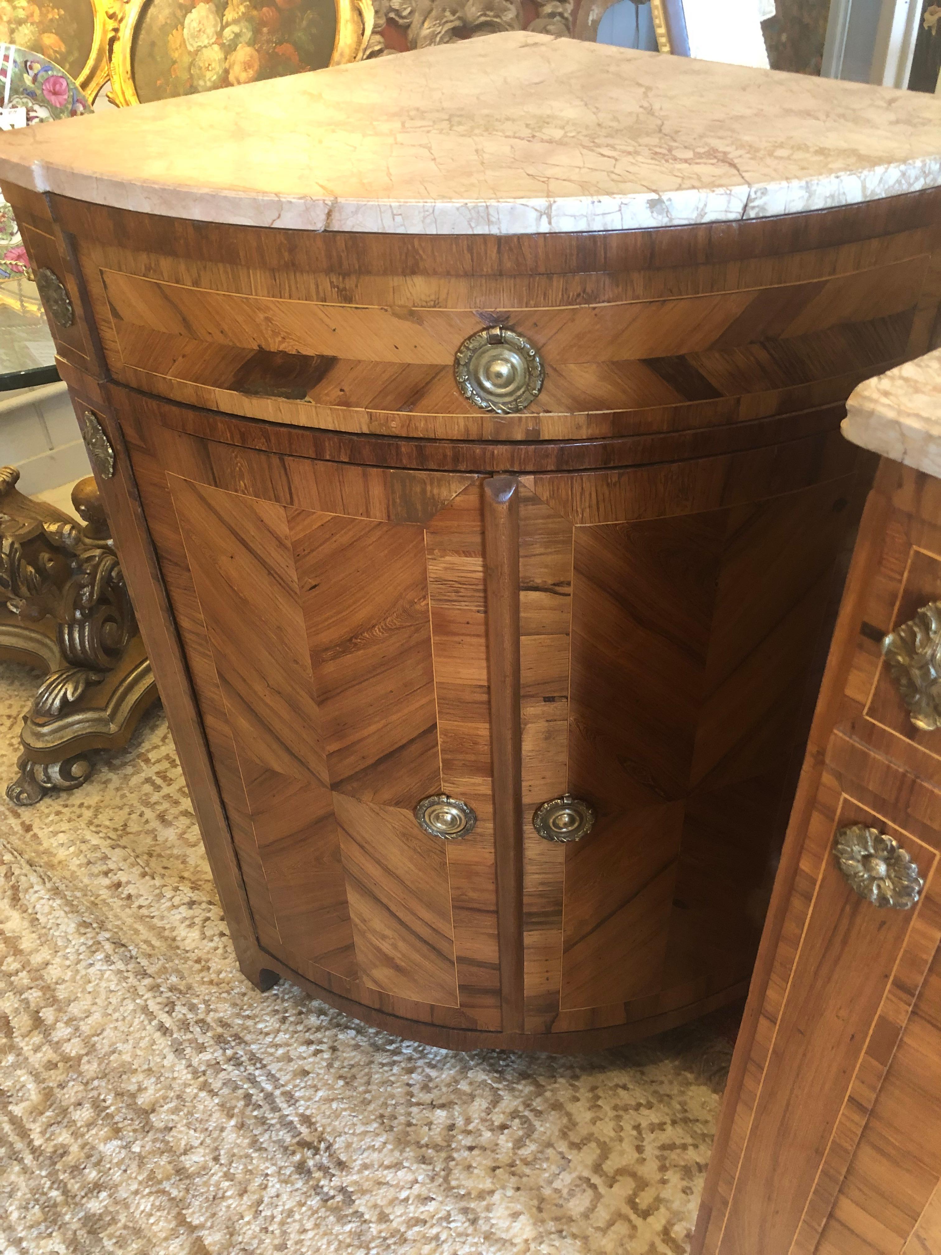 Pair of Fine Mixed Wood Inlay Corner Cabinets with Caramel Marble Tops 1