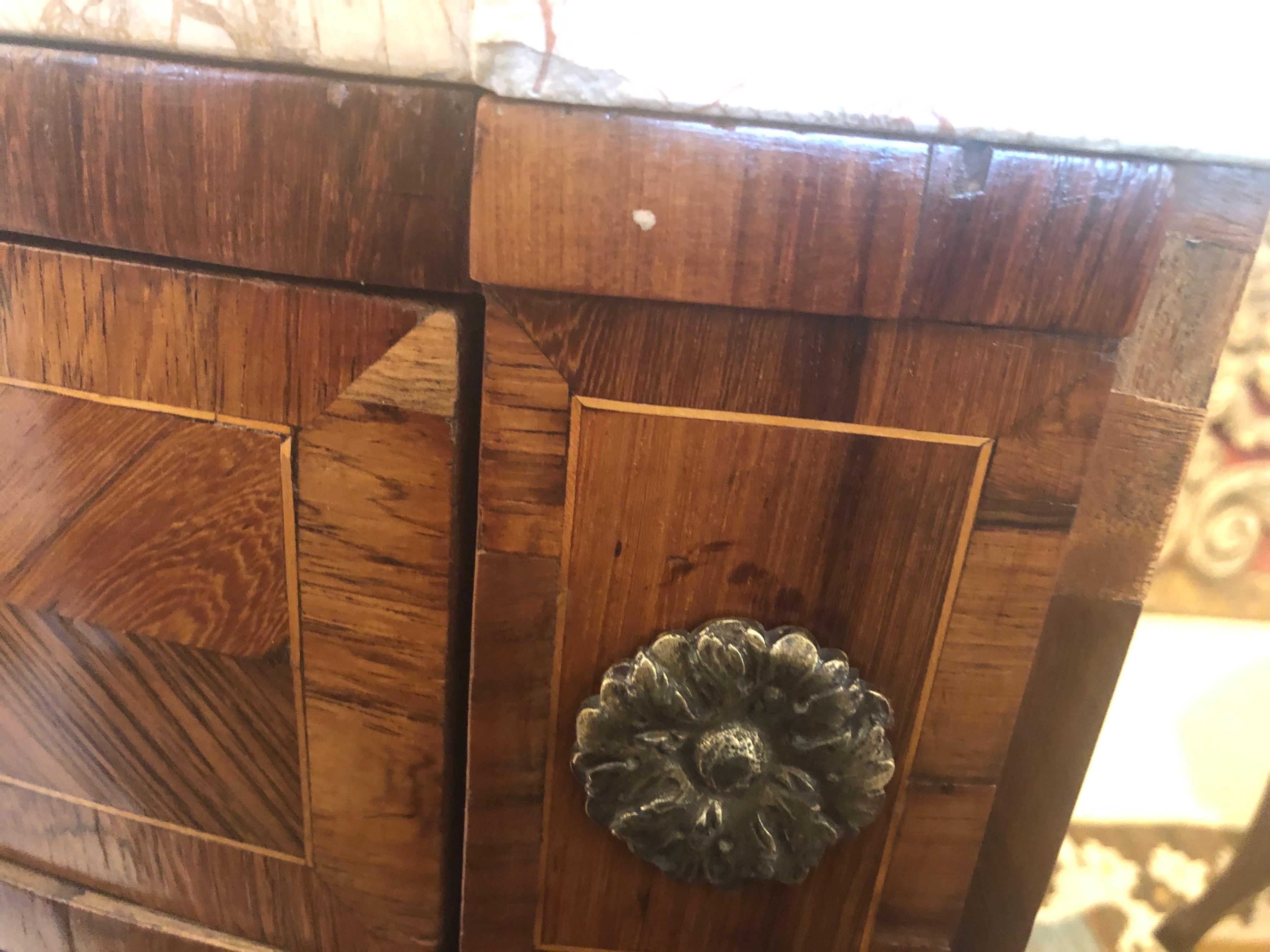 Pair of Fine Mixed Wood Inlay Corner Cabinets with Caramel Marble Tops 2