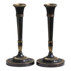 Pair of Fine Neoclassical Parcel Gilt Polished Steel Candlesticks