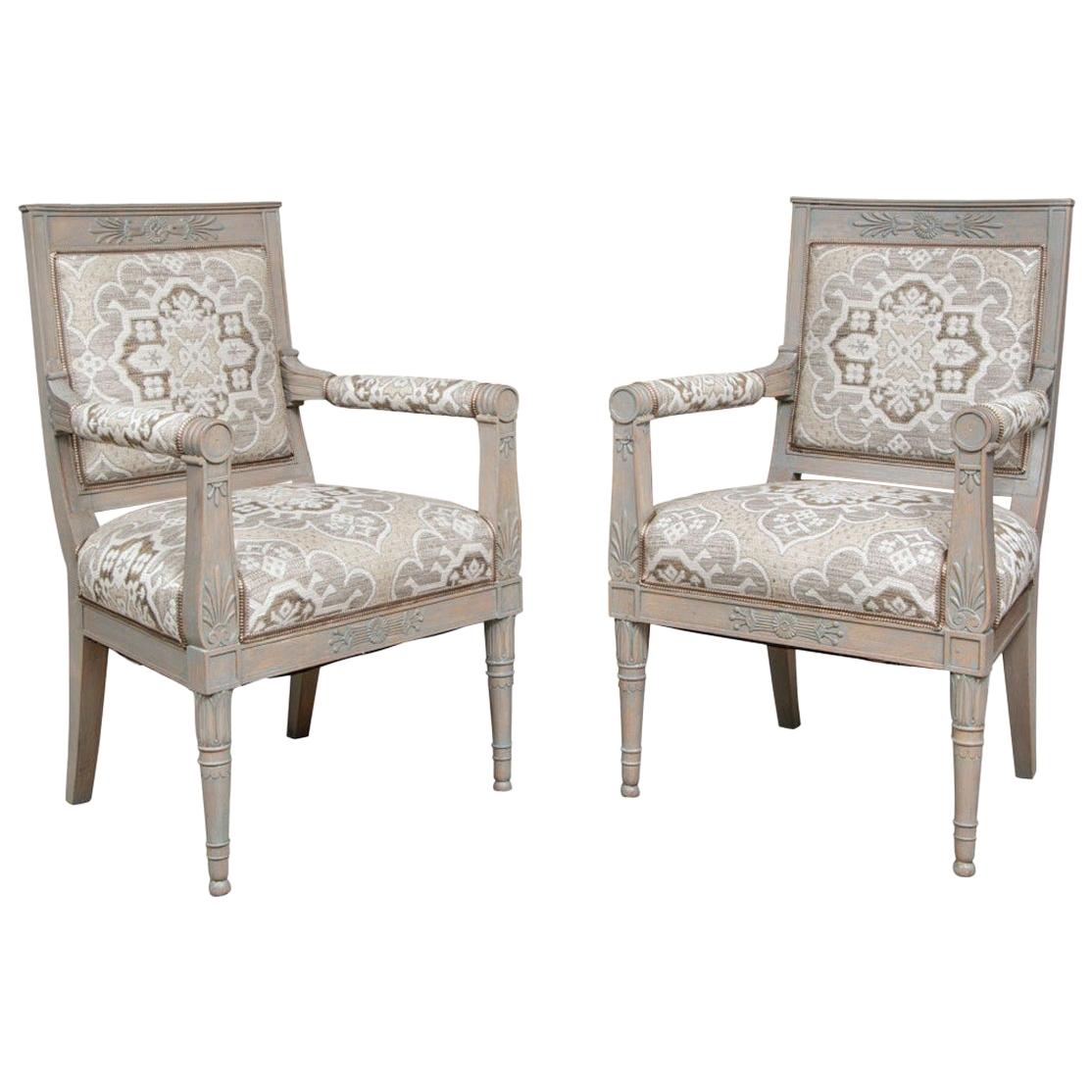 Pair of Fine Neoclassical Style Paint Decorated Arm Chairs