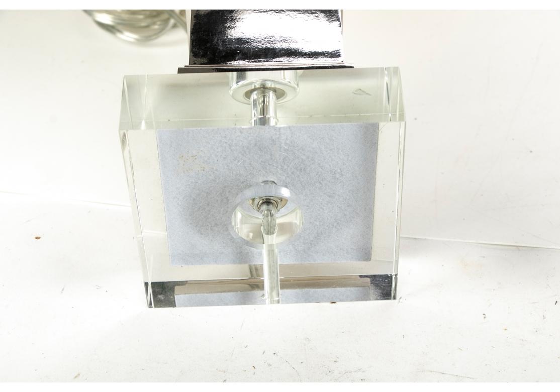 Contemporary Pair of Fine Obelisk Form Table Lamps in Chrome and Lucite