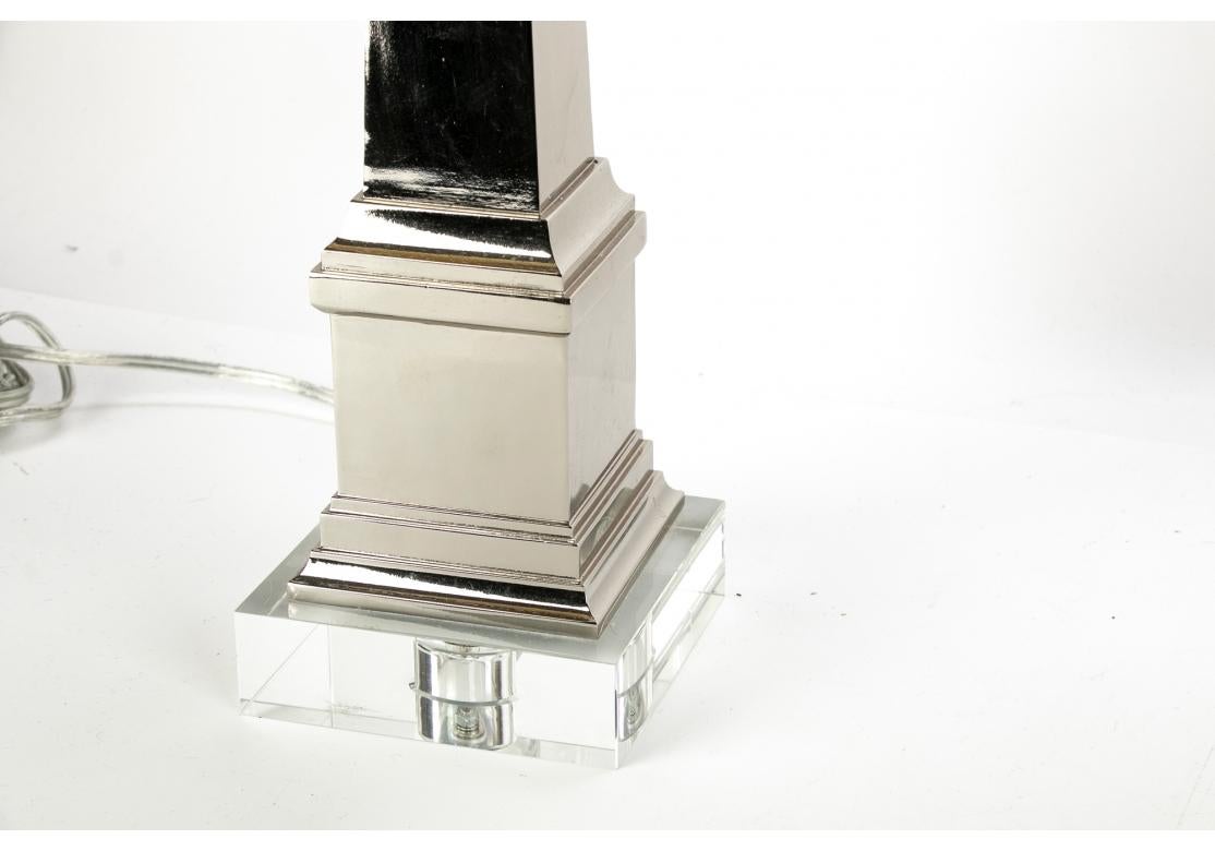 Fabric Pair of Fine Obelisk Form Table Lamps in Chrome and Lucite