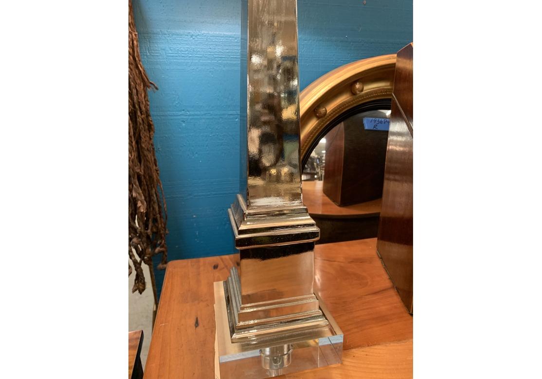 Pair of Fine Obelisk Form Table Lamps in Chrome and Lucite 2