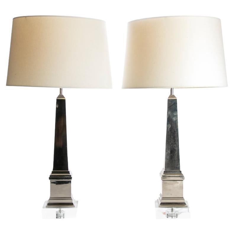 Pair of Fine Obelisk Form Table Lamps in Chrome and Lucite