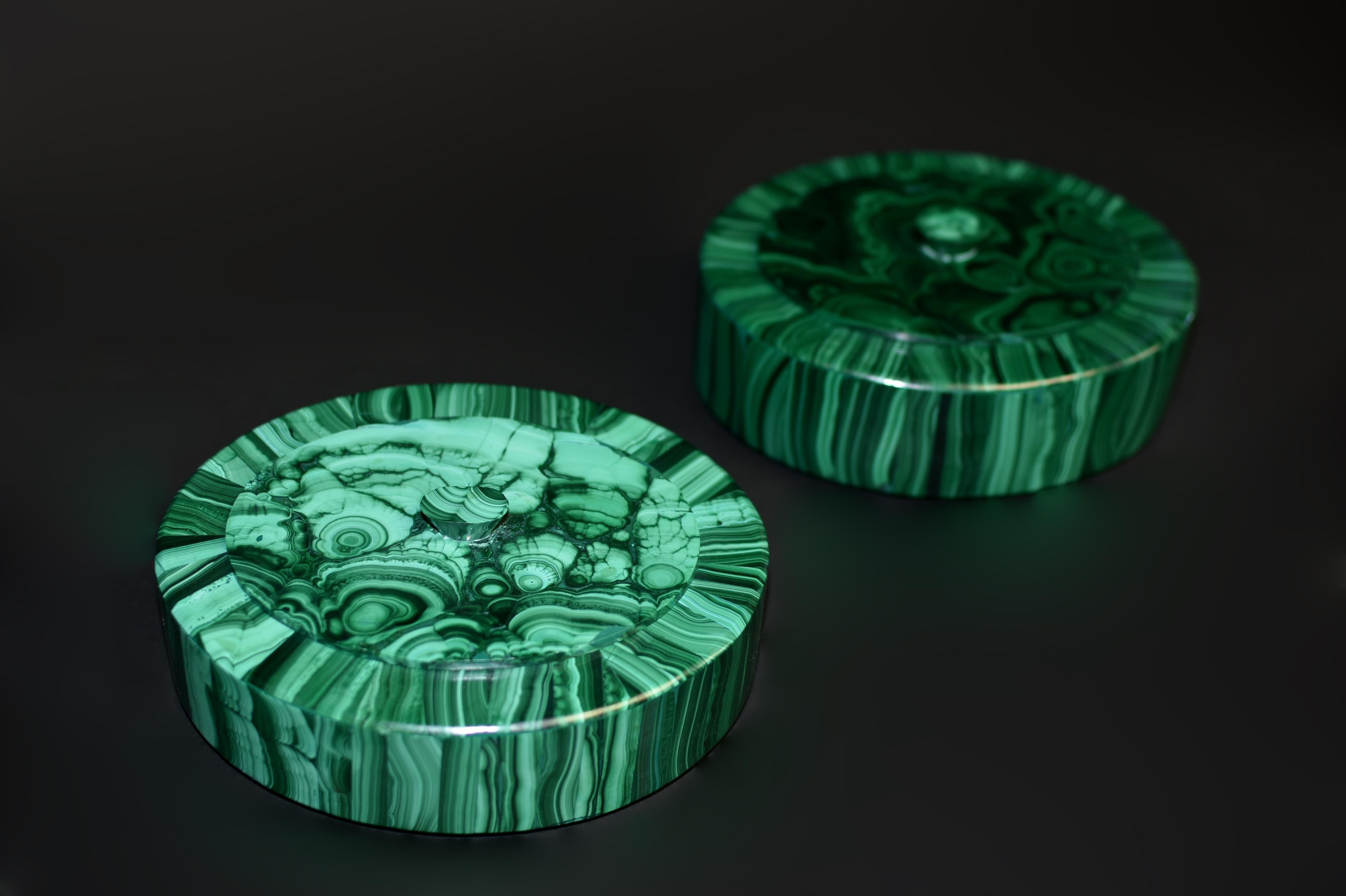 Unknown Pair of Fine Oval Malachite Boxes 6 Lb For Sale