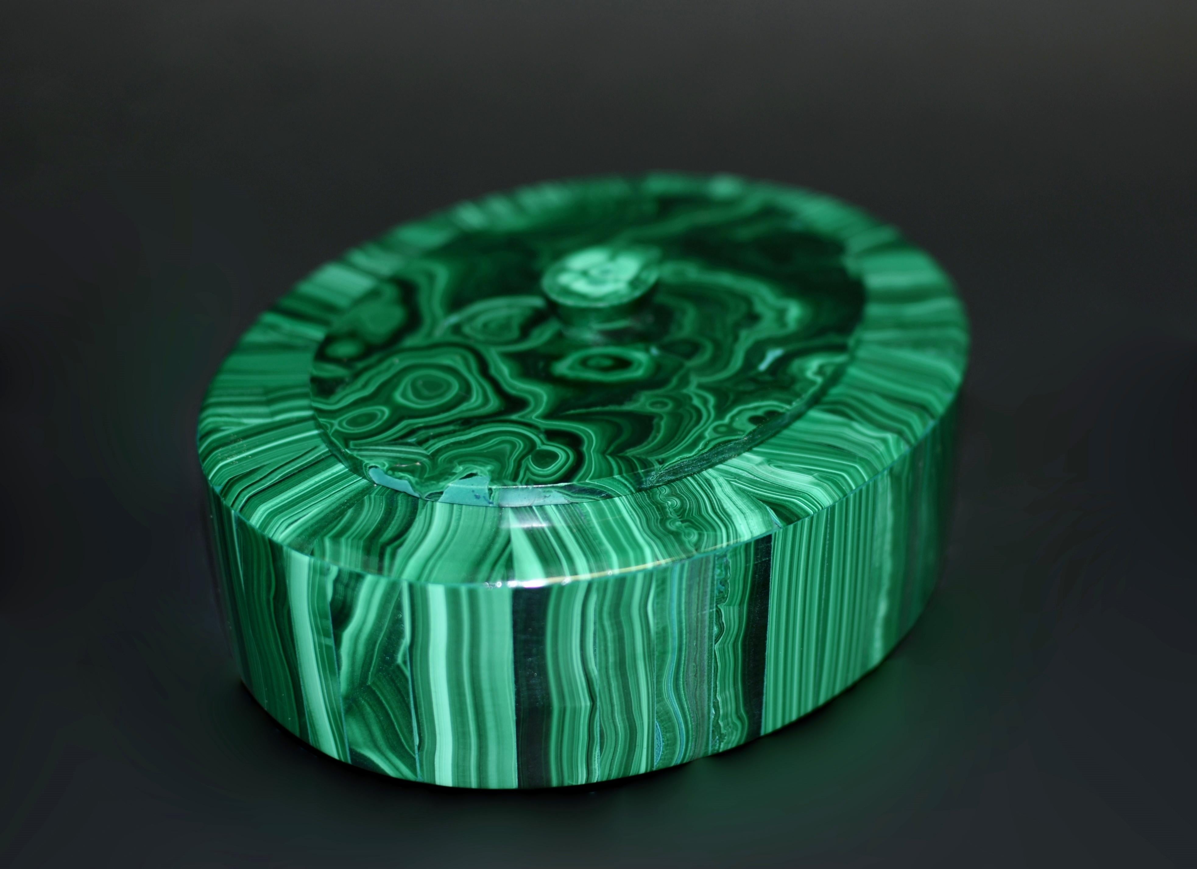 Contemporary Pair of Fine Oval Malachite Boxes 6 Lb For Sale