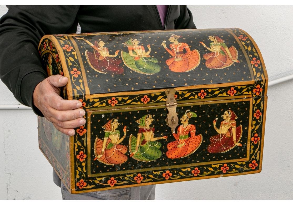 Hand-Painted Pair of Fine Painted Indian Dome Top Trunks For Sale