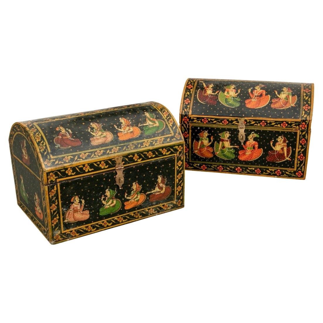 Pair of Fine Painted Indian Dome Top Trunks For Sale