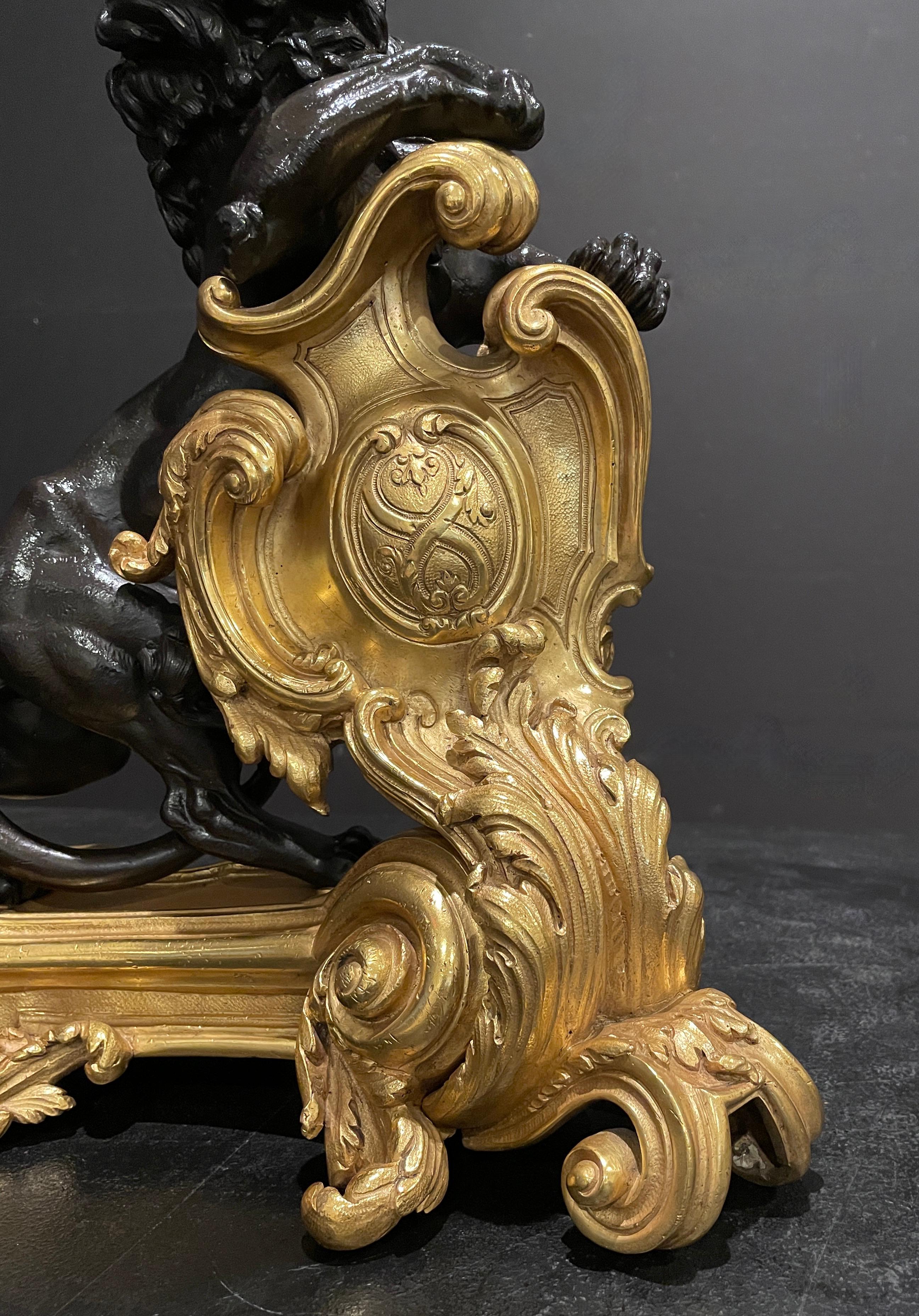 Late 19th Century Fine Pair Of Figural Patinated and Gilt Lion Chenets For Sale